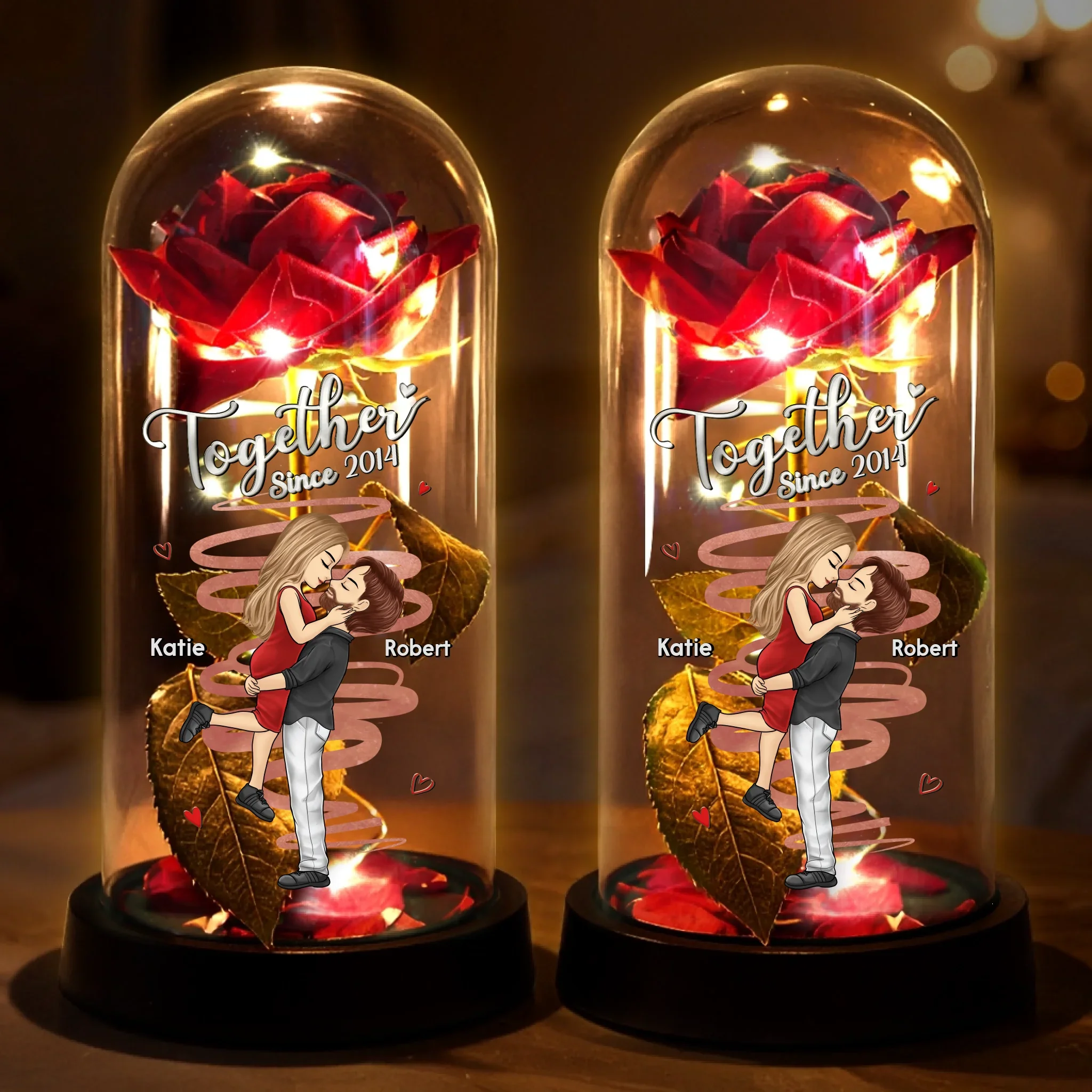 Custom Light Up Eternal Rose In Glass Dome - Personalized Anniversary Wedding Gifts For Husband And Wife, Him And Her - Couple Vibes, Rose Edition - Robaser