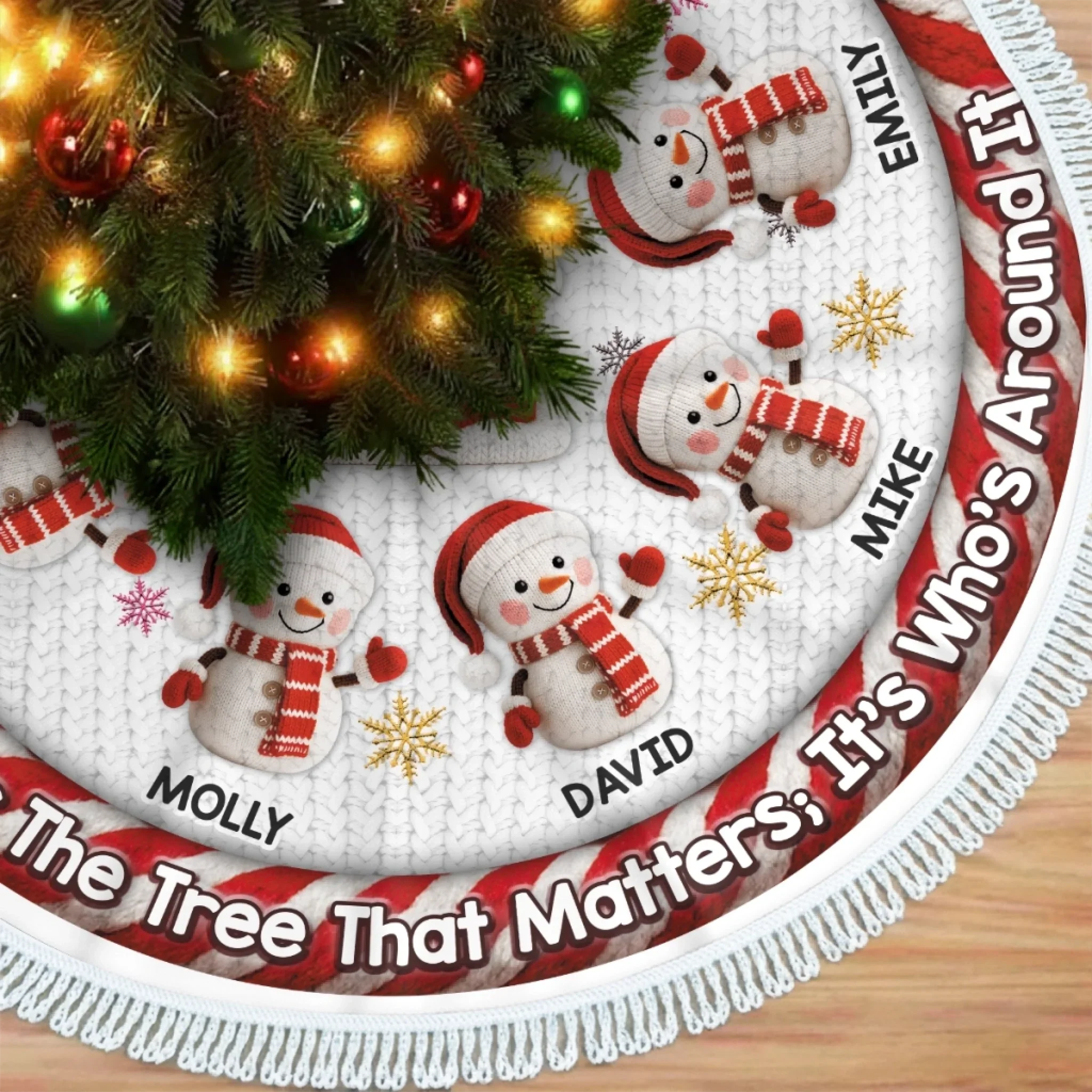 Custom Crochet Snowman Tree Skirt - Personalized Christmas Birthday Gifts For Mom, Dad, Brother, Sister, Kids - Our Christmas Our Story - Robaser