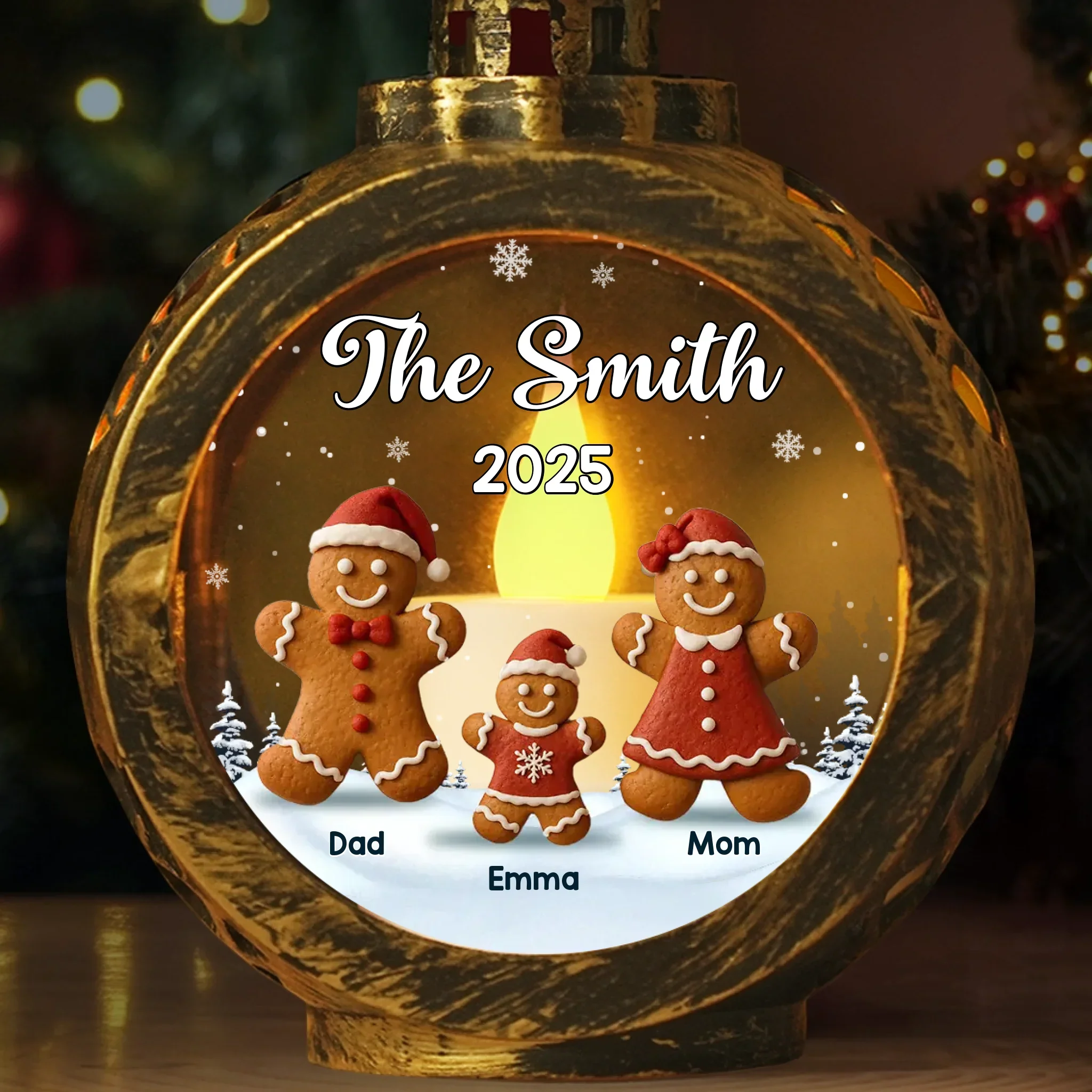 Custom Candlelight Lantern Ornament -  Personalized Christmas Birthday Gifts For Mom, Dad, Kids - A Gingerbread Family In Snow - Robaser