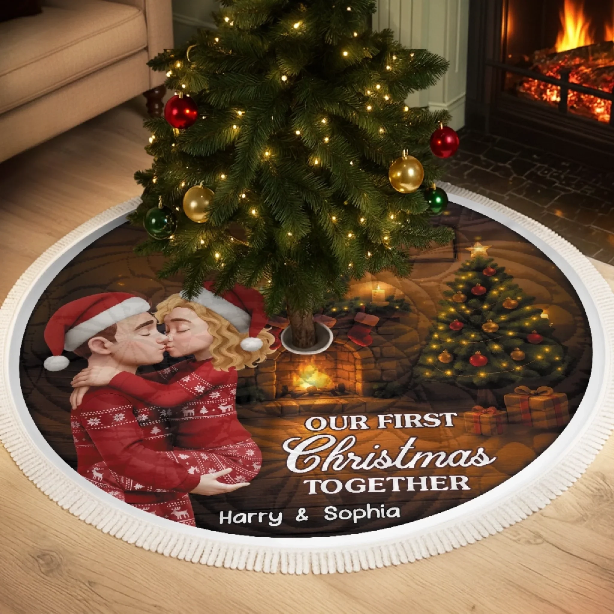 Custom First Christmas Tree Skirt - Personalized Anniversary Christmas Wedding Gifts For Husband And Wife, Him And Her - Our Love Glows Like Christmas Lights - Robaser
