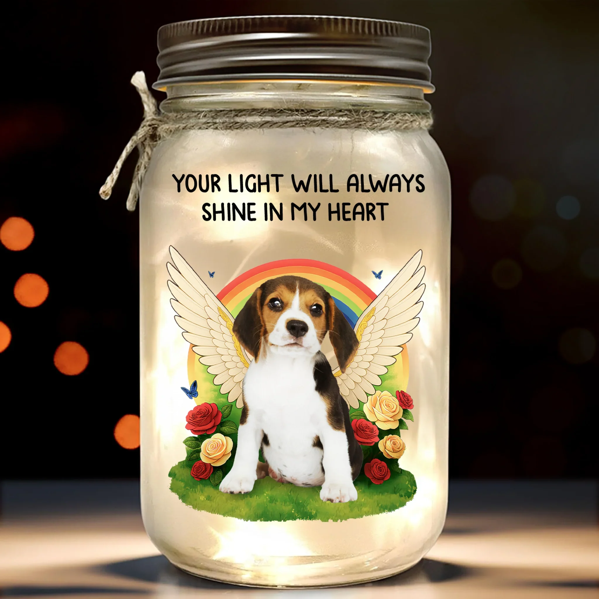 Custom Photo Mason Jar Light - Personalized Pet Christmas Memorial Sympathy Gifts For Dogs, Cats - Together Beyond The Rainbow - Robaser