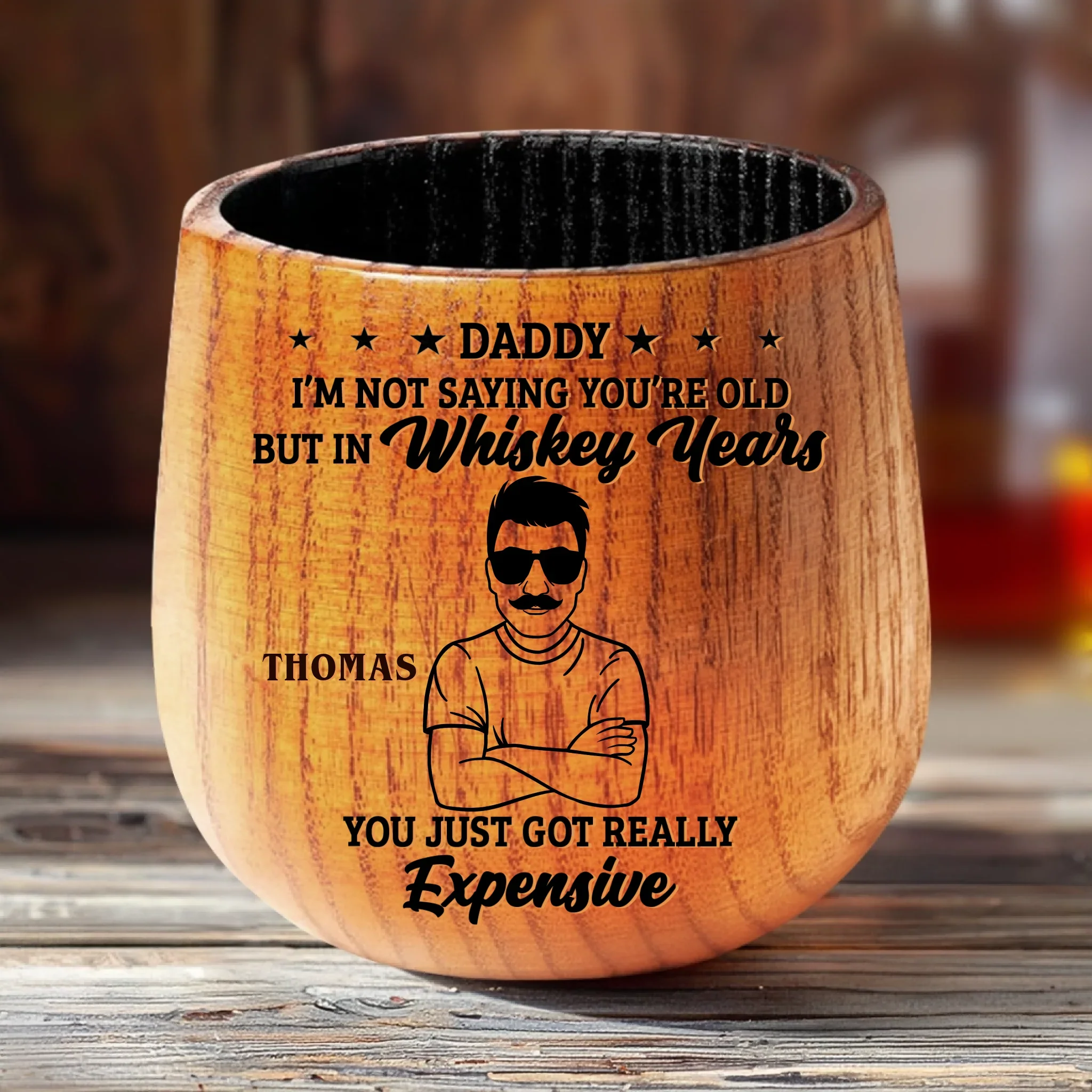 Aged Whiskey, Vintage Dad Jokes Included - Family Personalized Custom Wooden Whiskey Glass - Father's Day, Gift For Dad, Grandpa - Robaser