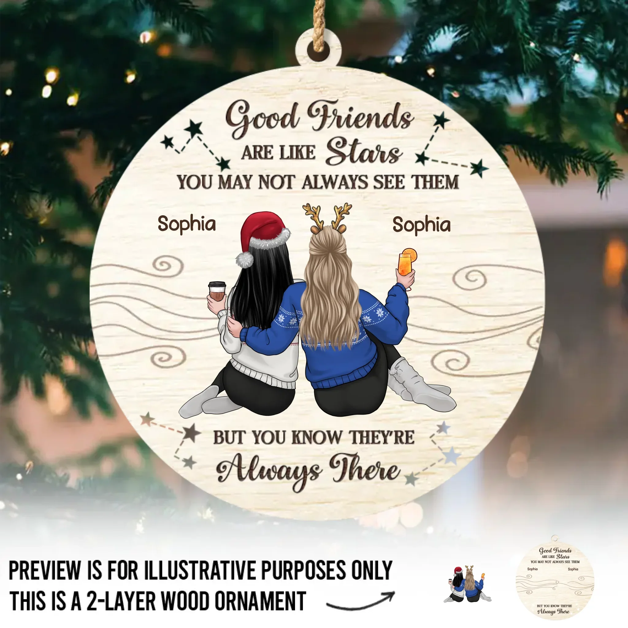 Custom Double Layer Wooden Ornament - Personalized Best Friend Christmas Birthday Gifts For Women, Besties, Sisters, BFF - Bestie Laughs Brighten Every Day - Robaser