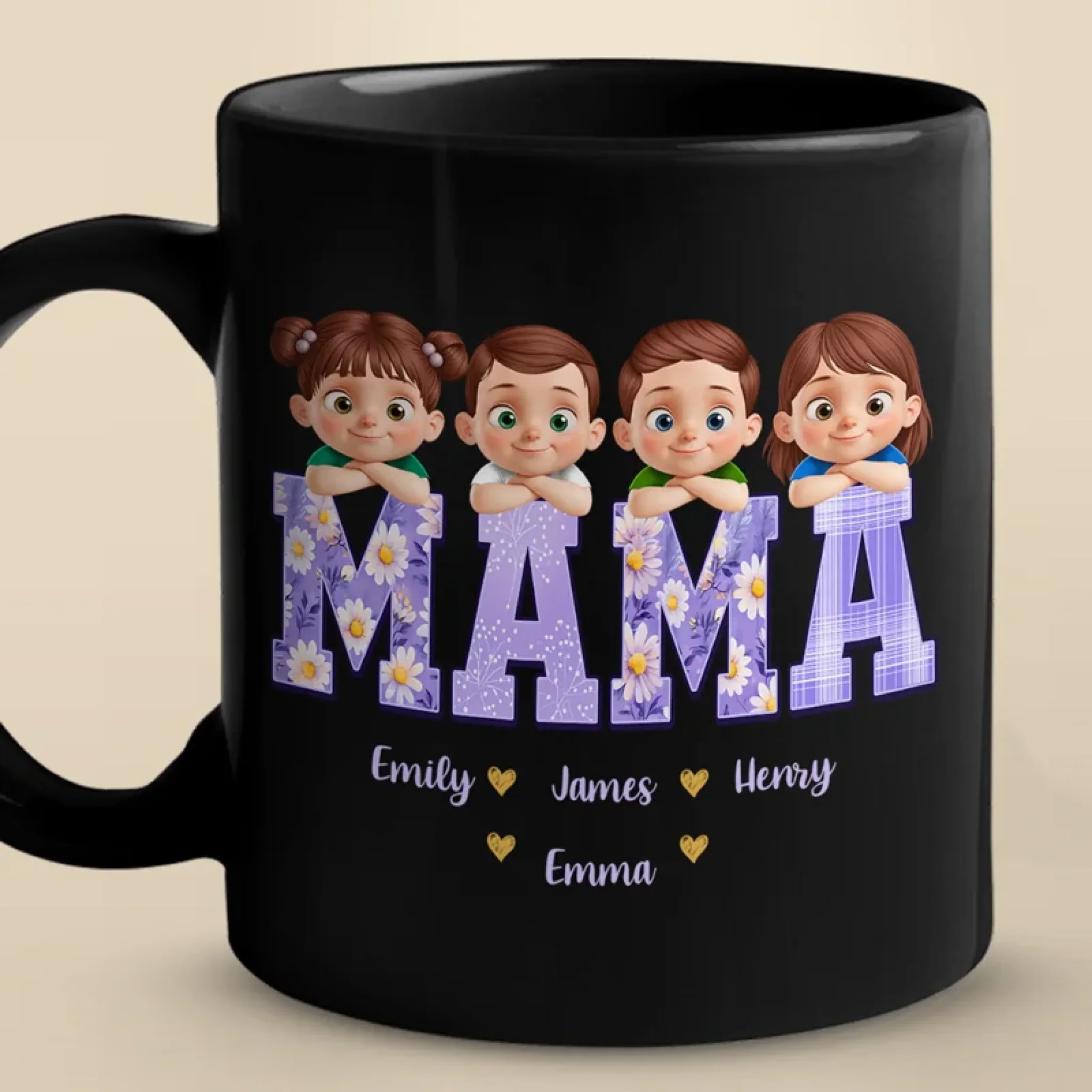 Our Hearts Belong To Mama - Family Personalized Custom Black Mug - Mother's Day, Gift For Mom, Grandma - Robaser