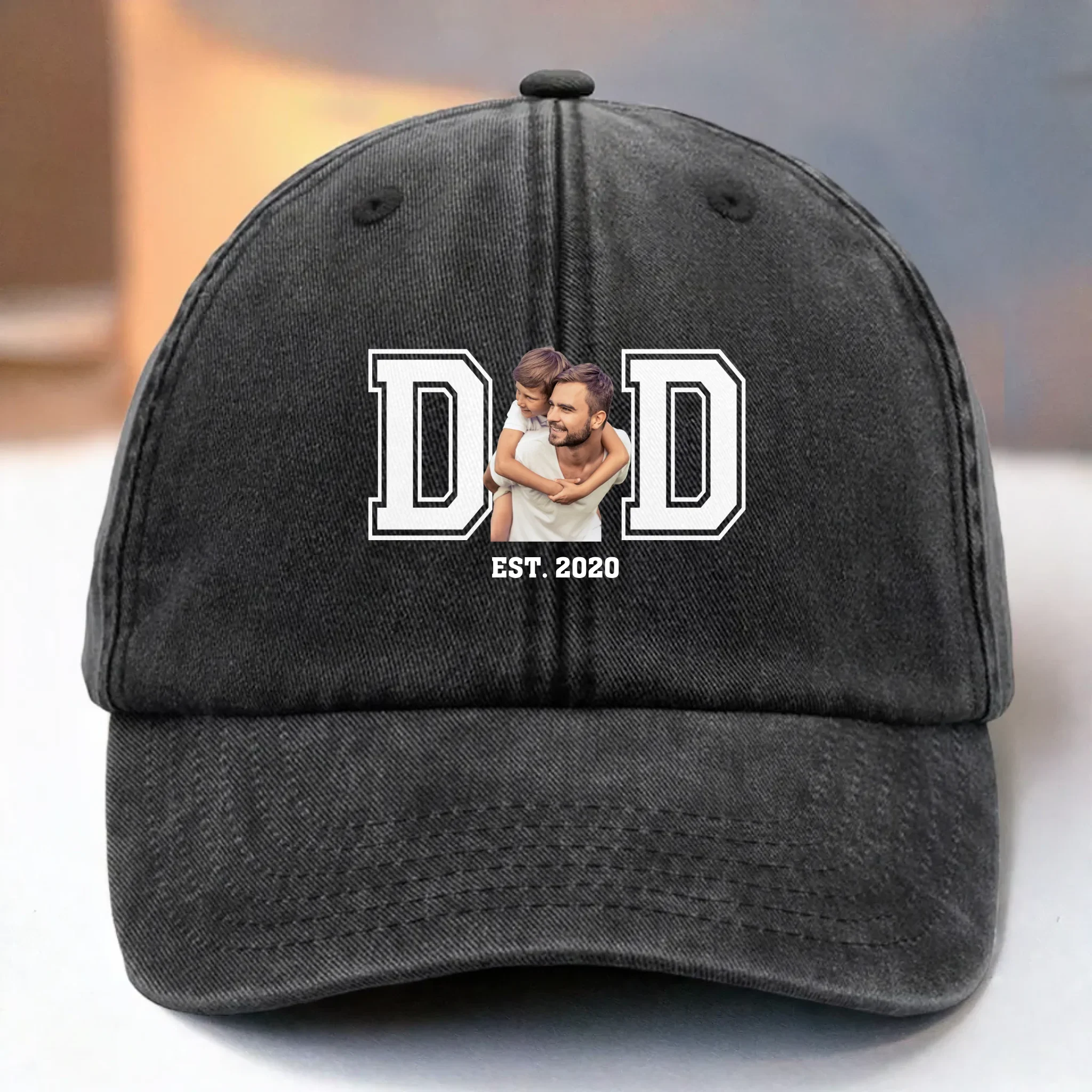 Custom Photo Powered By Love - Family Personalized Custom Vintage Washed Denim Baseball Cap - Father's Day, Gift For Dad - Robaser