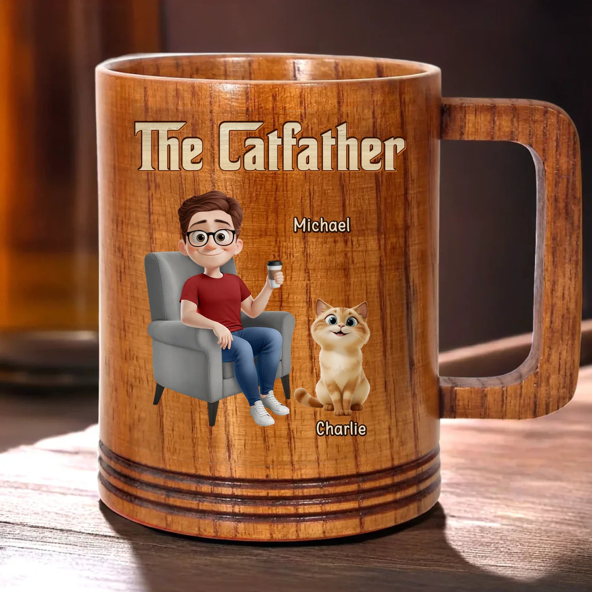 The Catfather, Chosen By My Cat - Cat Personalized Custom Wooden Mug - Father's Day,  Gift For Dad, Pet Owners, Pet Lovers - Robaser