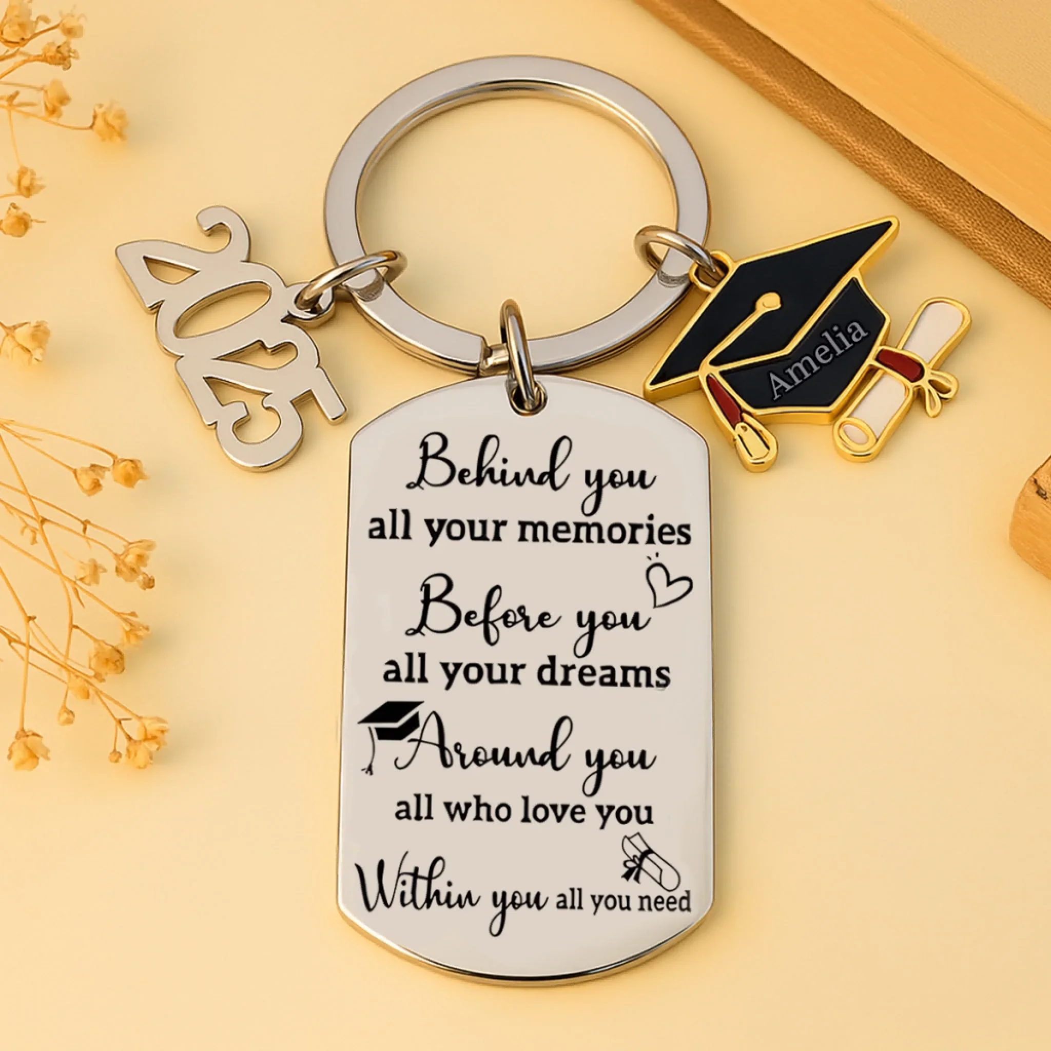Memories Behind, Dreams Ahead, Love All Around - Family Personalized Custom Engraved Graduation Keychain - Graduation Gift For Family Members, Siblings, Brothers, Sisters - Robaser