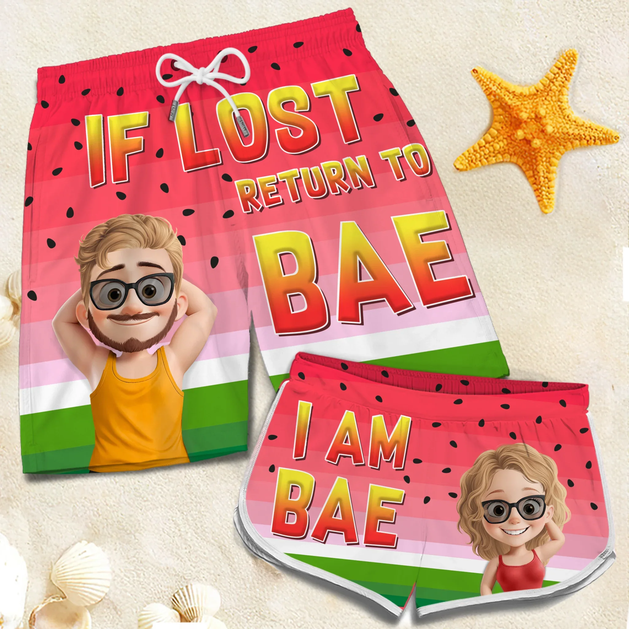 Summer With My Bae - Funny Personalized Custom Tropical Hawaiian Aloha Couple Beach Shorts - Summer Vacation Gift, Birthday Party Gift For Husband Wife - Robaser