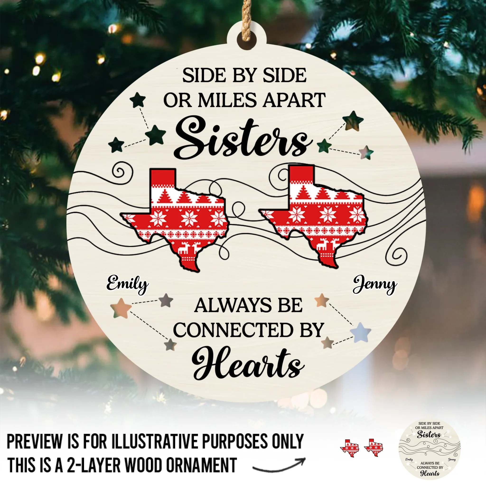 Custom Long Distance Double Layer Wooden Ornament - Personalized Best Friend Christmas Birthday Gifts For Women, Besties, Sisters, BFF - Far Away But Never Gone - Robaser
