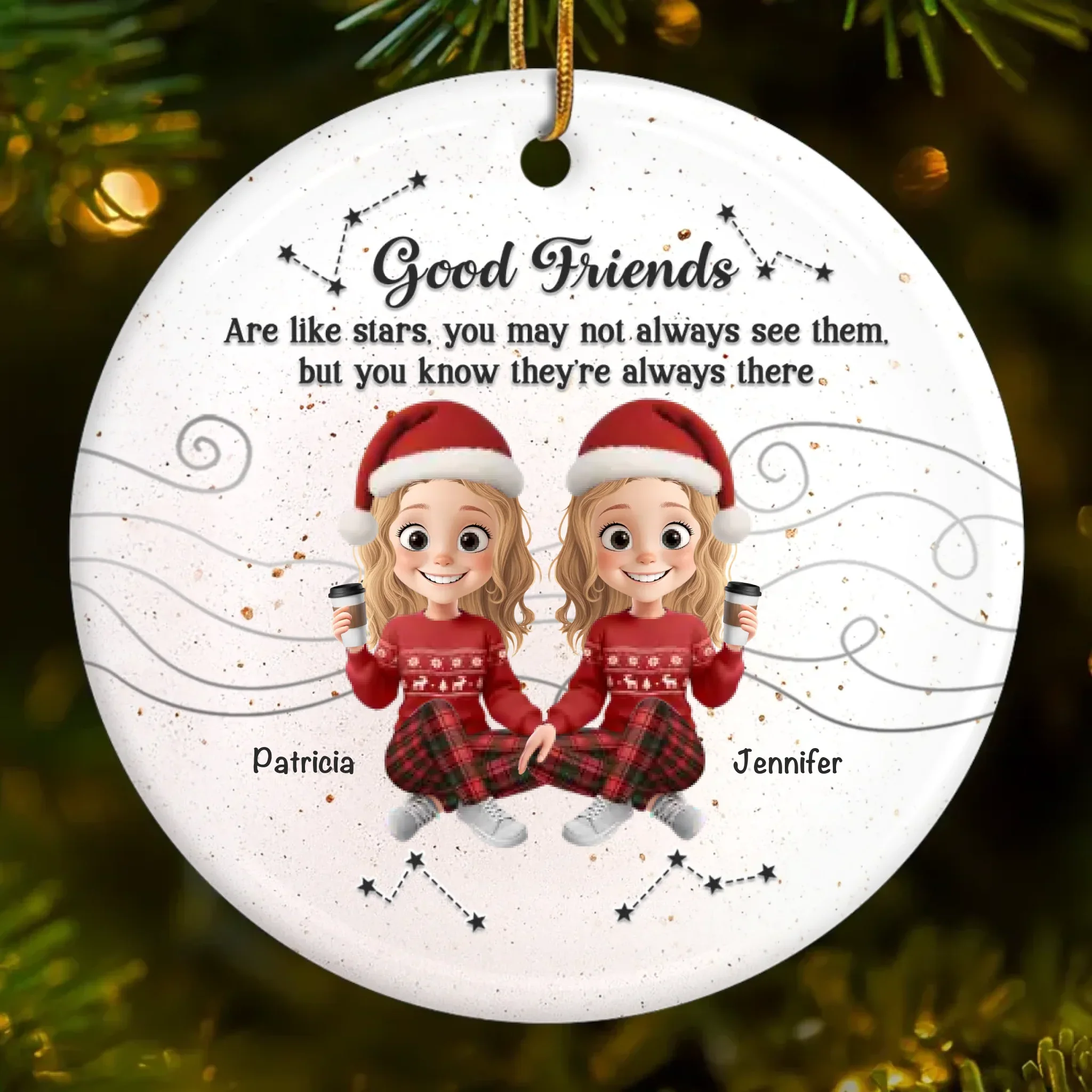 Custom Ceramic Ornament - Personalized Best Friend Christmas Birthday Gifts For Women, Besties, Sisters, BFF - Besties And Bubbly Joy - Robaser