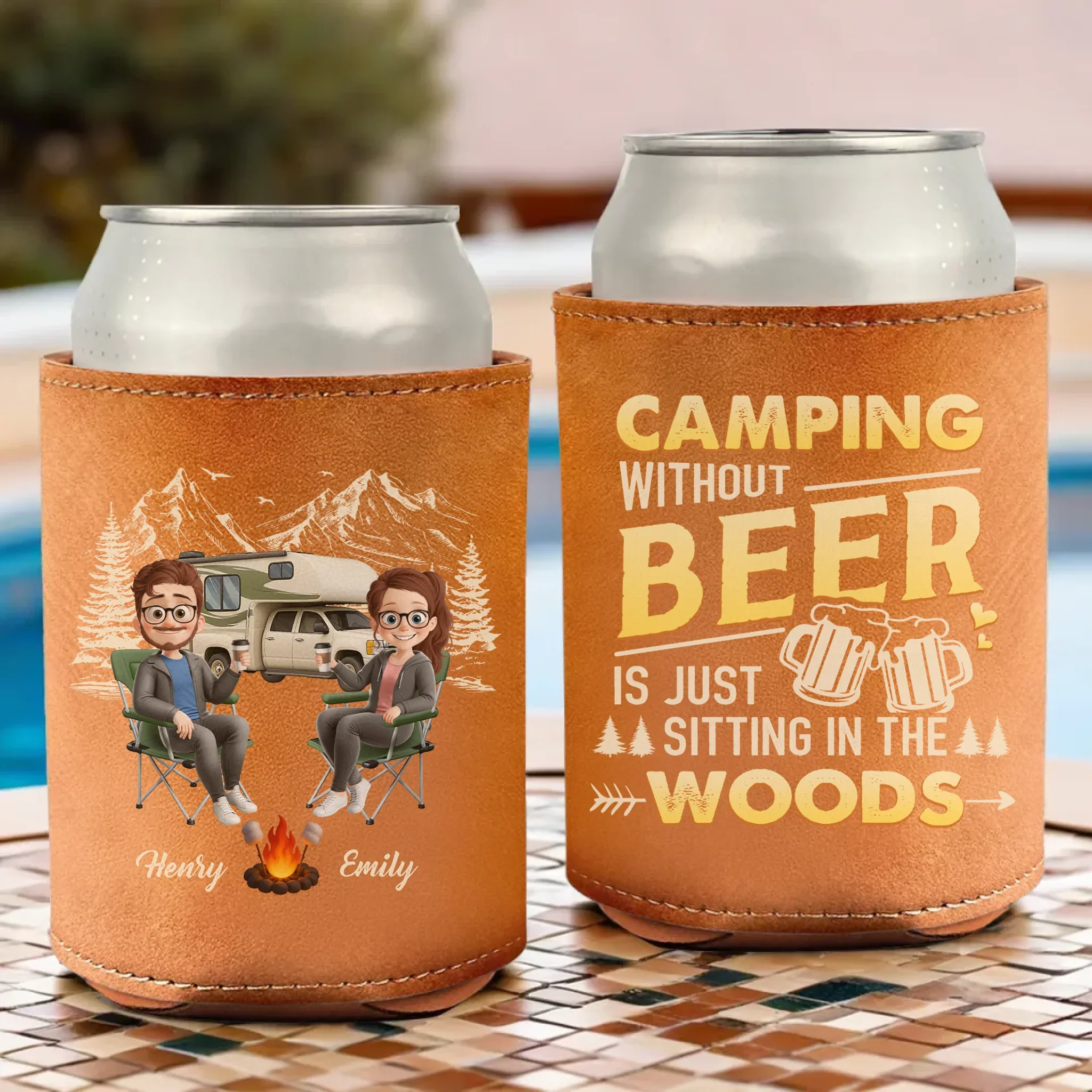 Custom Leather Can Cooler - Personalized Anniversary Wedding Gifts For Campers, Husband And Wife, Him And Her - Cheers To S  more Adventures - Robaser