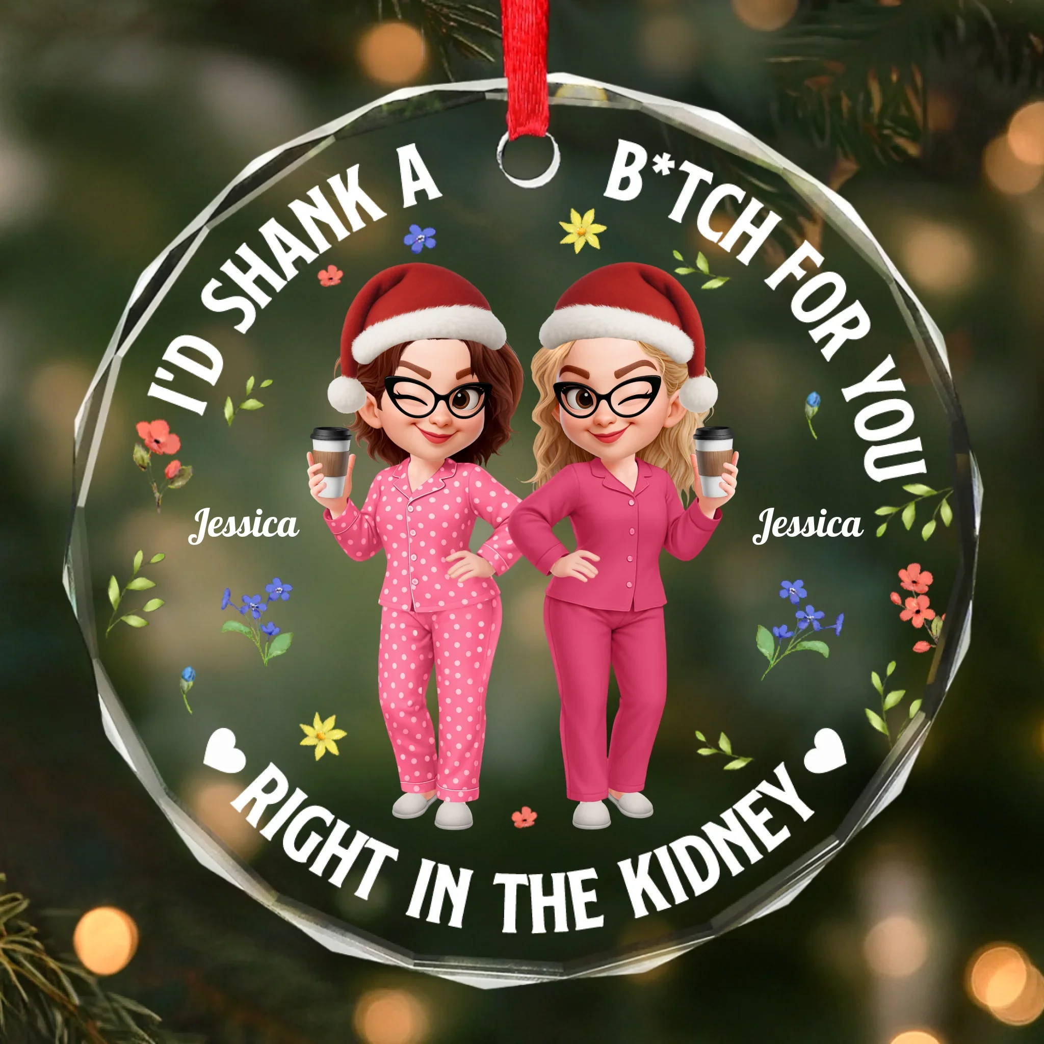 Custom Circle Glass Ornament - Personalized Christmas Best Friend Birthday Gifts For Women, Besties, Sisters, BFF - Chaos Queens Forever - Robaser