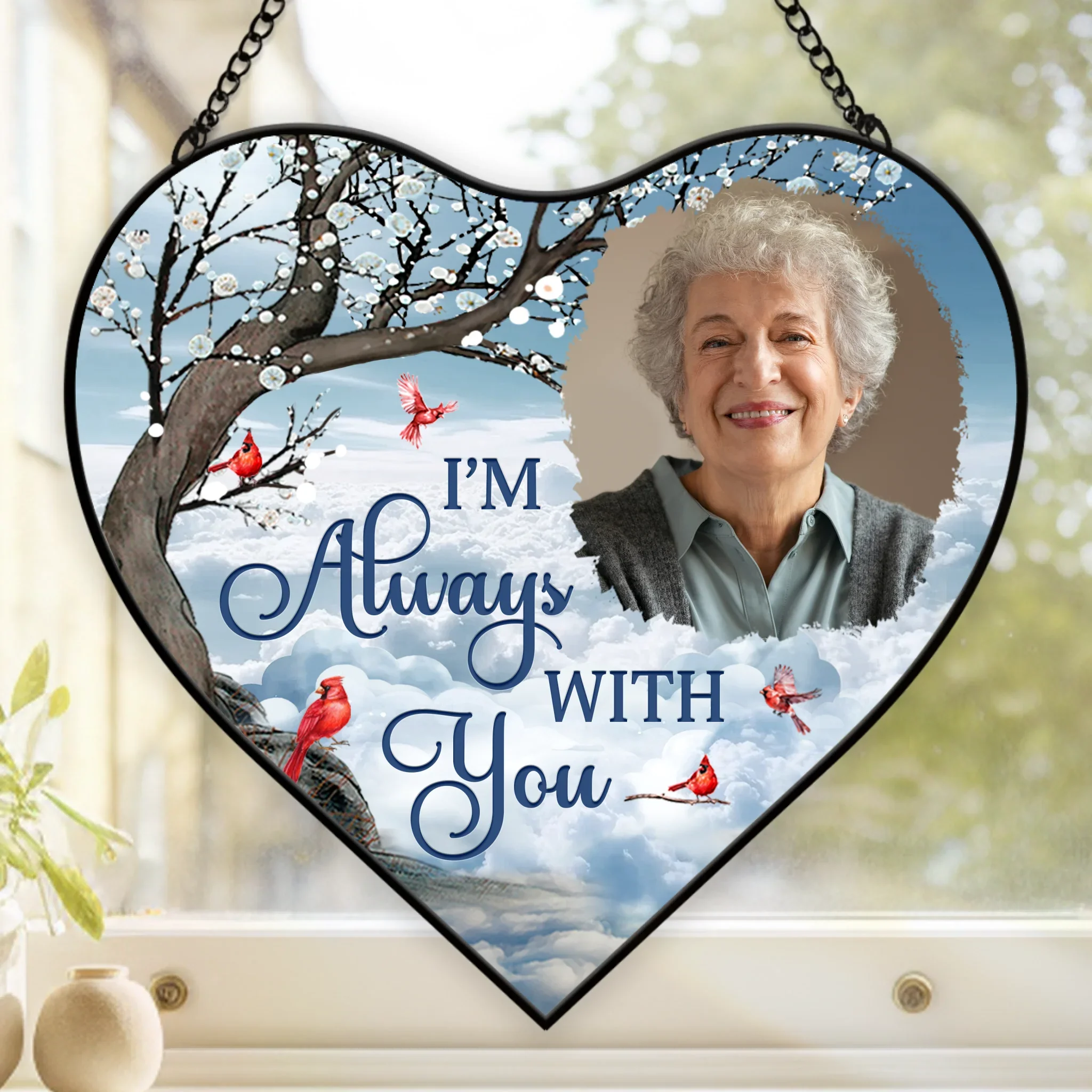 Custom Photo Heart-Shaped Stained Glass Window Suncatcher - Personalized Memorial Sympathy Gifts For Loss Of Mom, Dad - Heavenly Love Fills Every Corner - Robaser