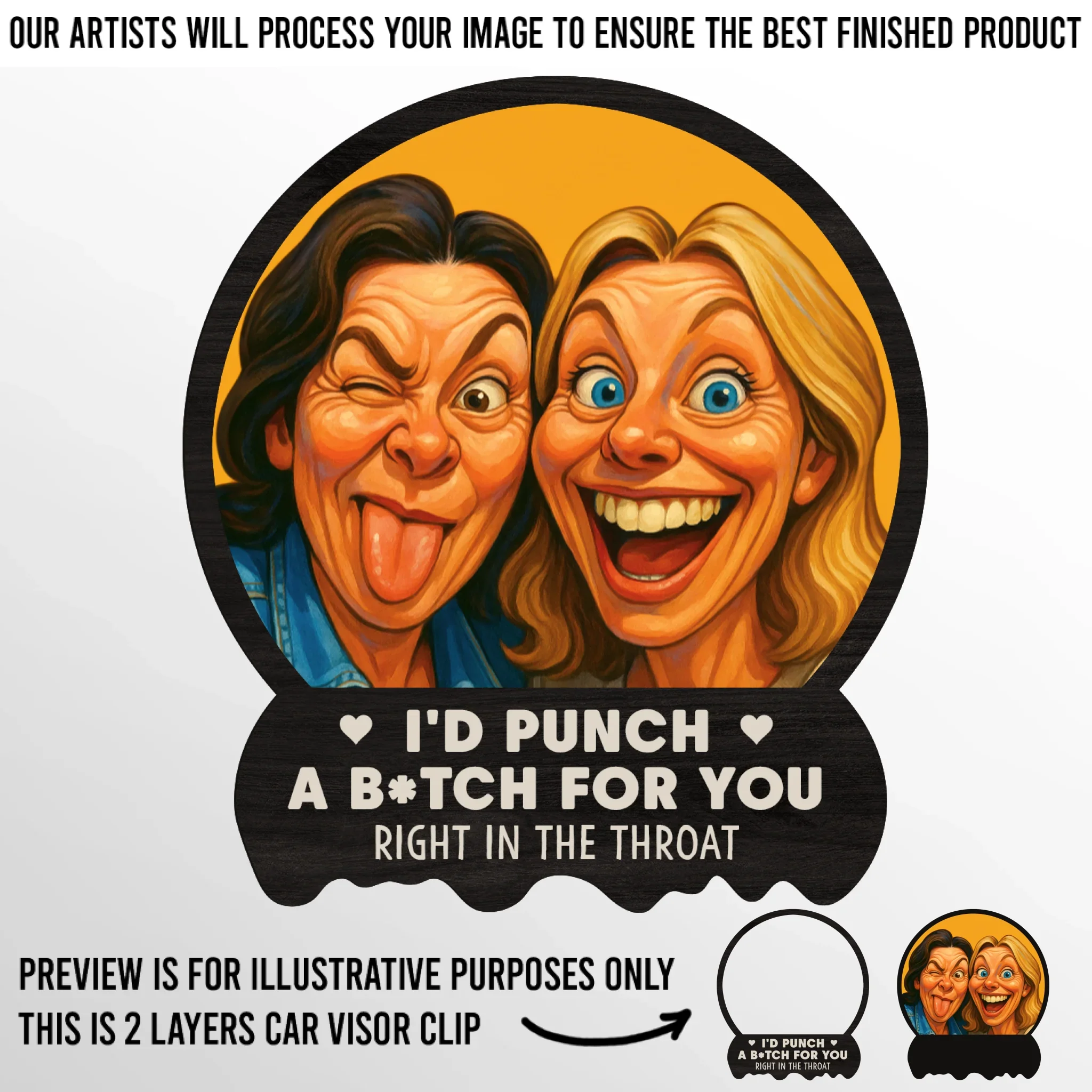 Custom Photo Funny Caricature Car Visor Clip - Personalized Best Friend Birthday Gifts For Women - I'd Punch For You - Robaser