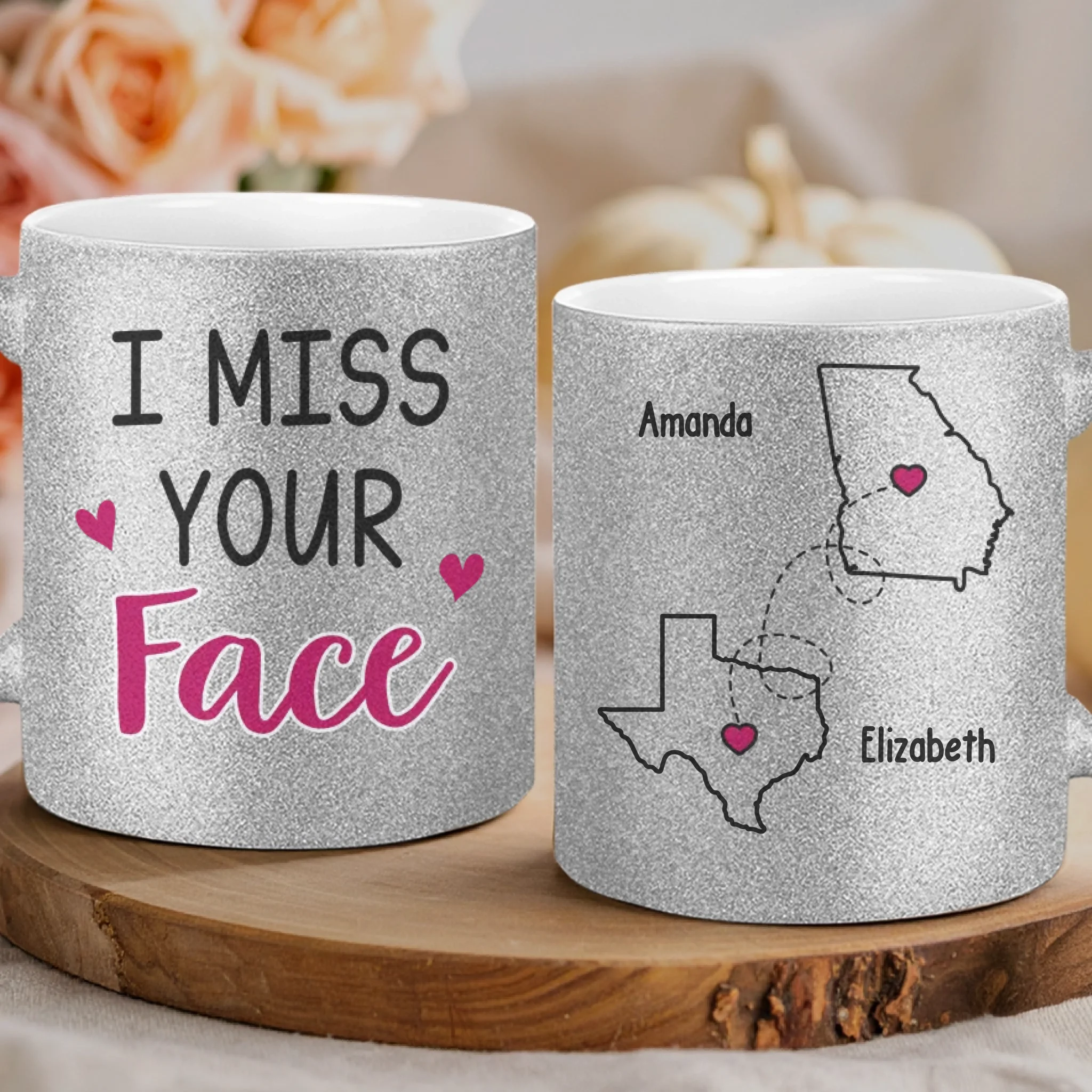 Custom Long Distance 11OZ Glitter Matte Ceramic Mug - Personalized Best Friend Birthday Gifts For Women, Besties, Sisters, BFF - I Miss Your Face - Robaser