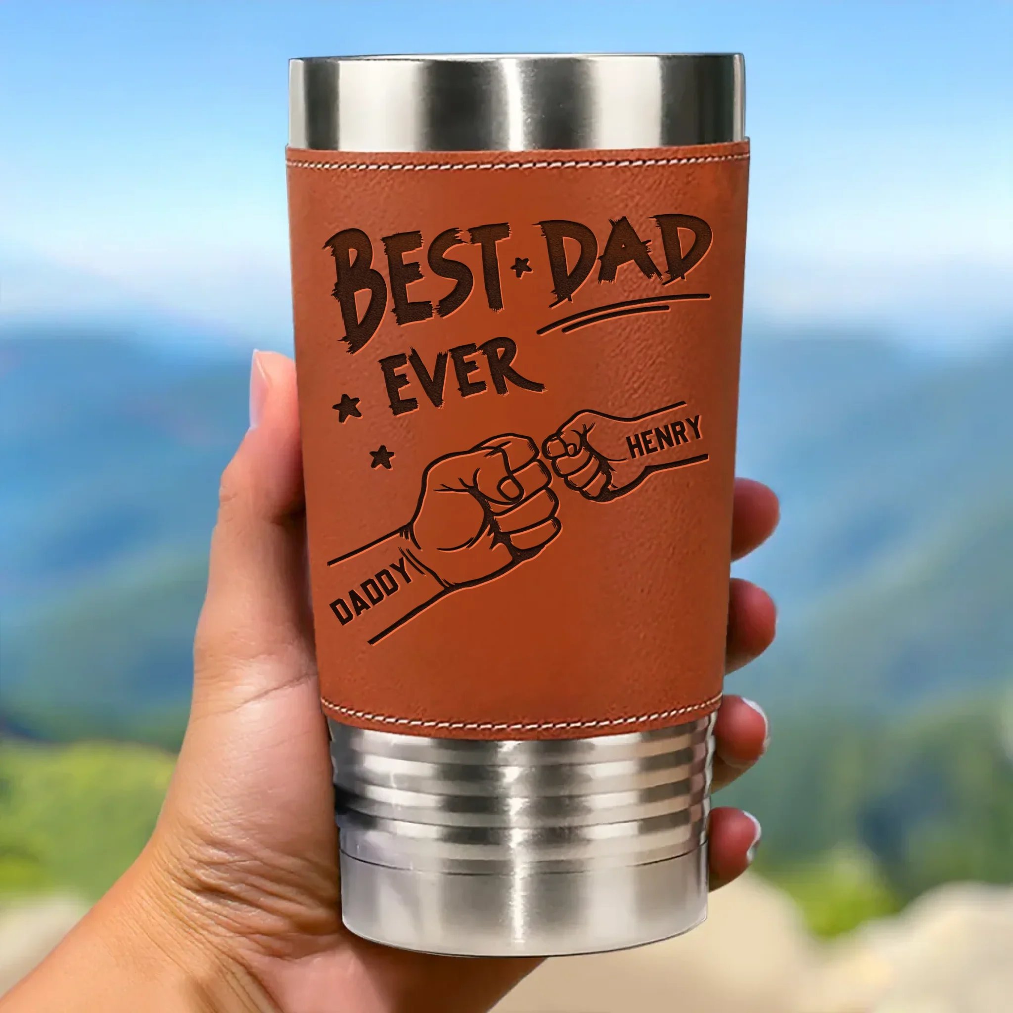 From Tiny Fingers To Forever Memories - Family Personalized Custom Printed Leather Tumbler - Father's Day, Gift For Dad, Grandpa, Family Members - Robaser