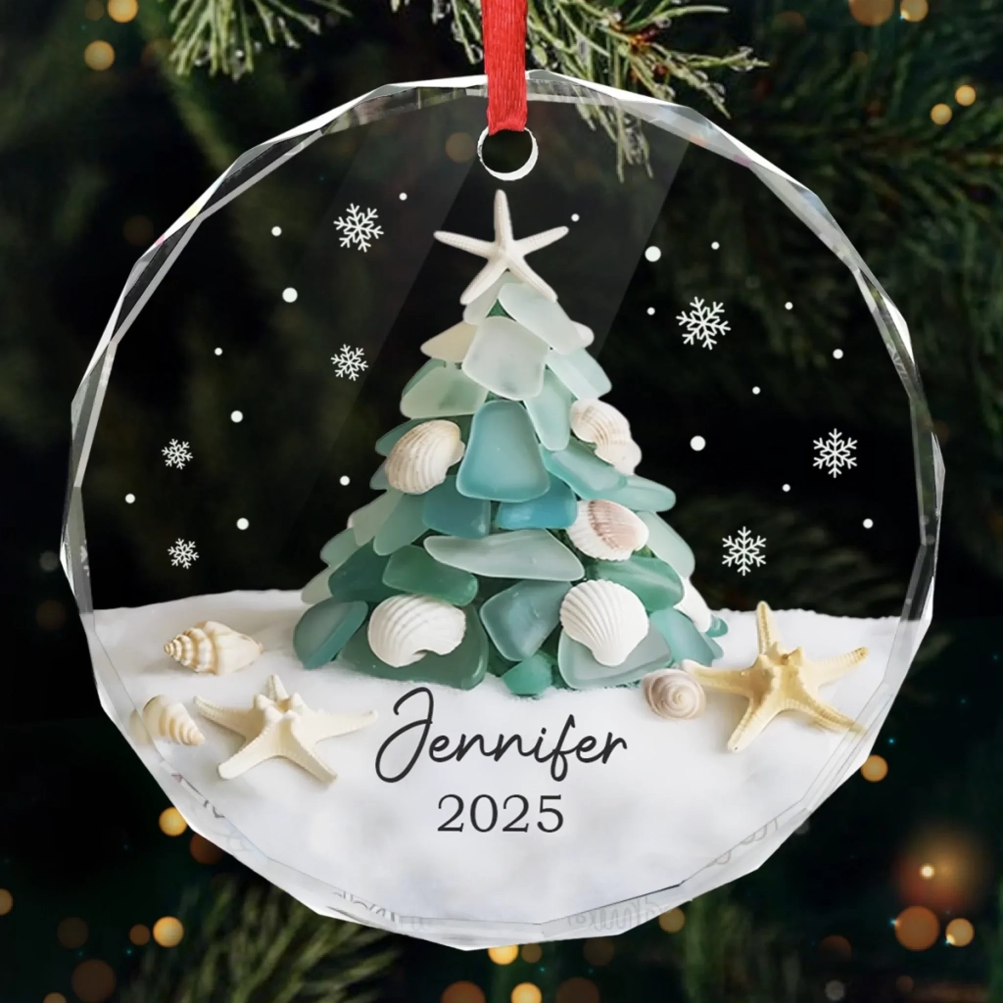 Custom Sea Glass Circle Glass Ornament - Personalized Christmas Birthday Gifts For Mom, Dad, Brother, Sister, Kids, Beach Lovers - Coastal Christmas Magic - Robaser