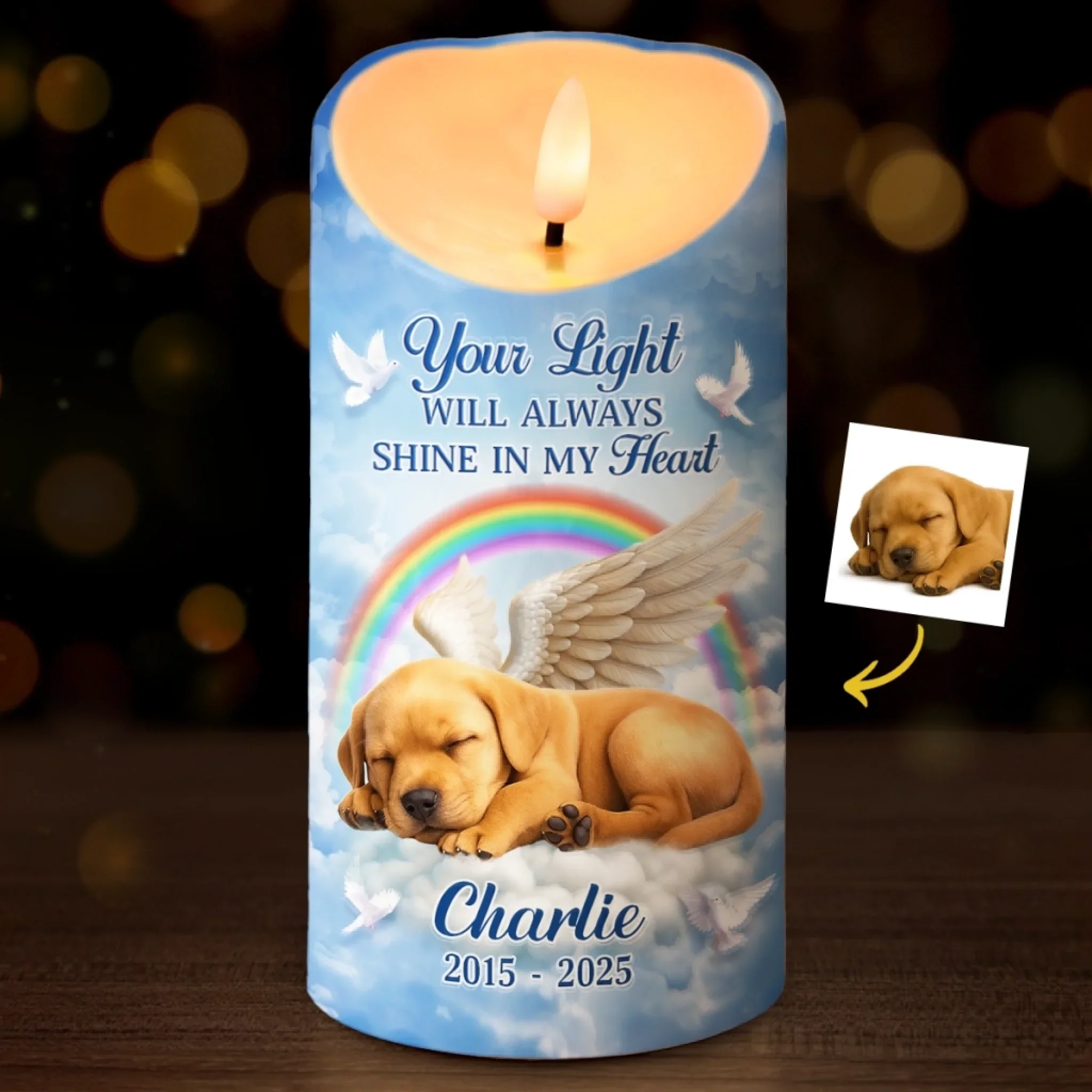 Custom Photo LED Candle - Personalized Pet Memorial Sympathy Gifts For Dogs, Cats - Your Light Will Always Shine In My Heart - Robaser