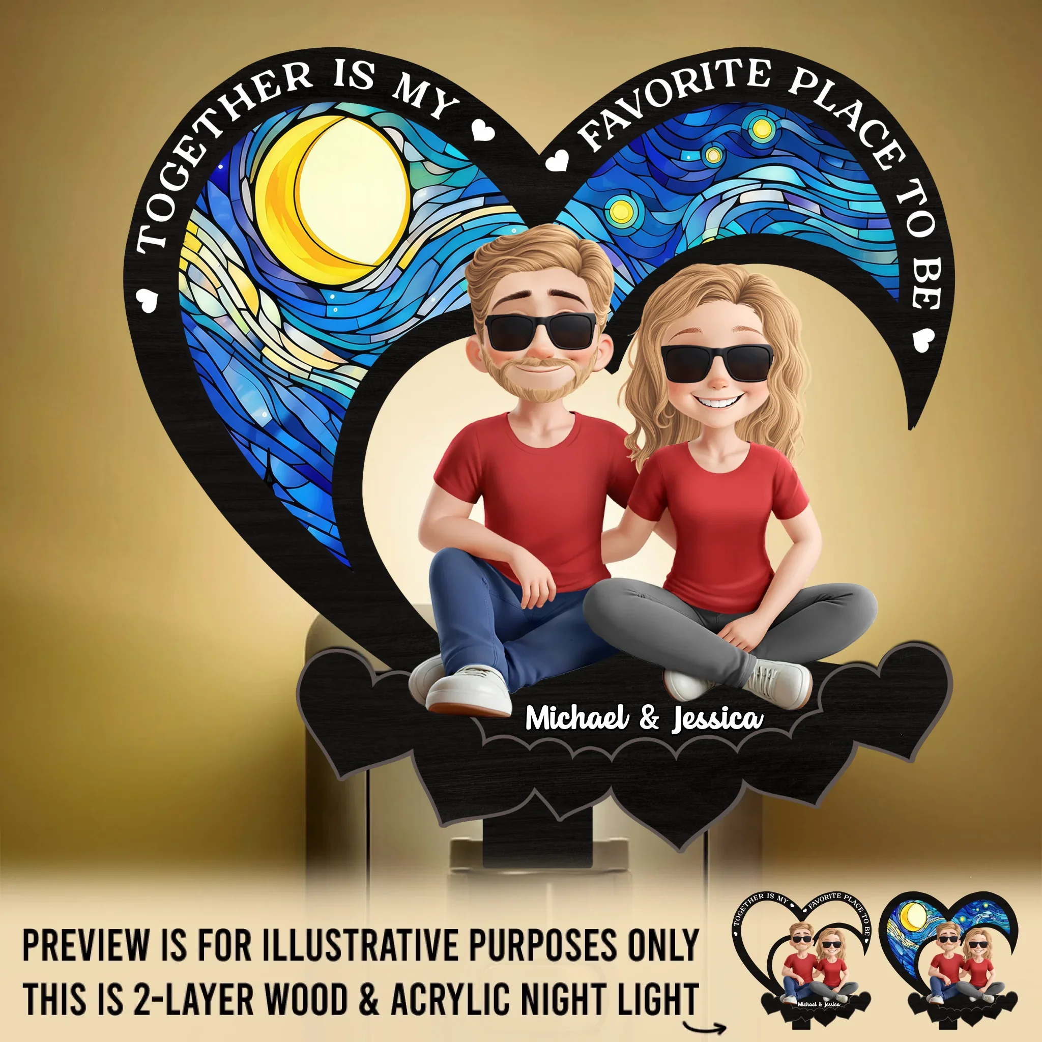 Custom Wood And Acrylic Night Light - Personalized Anniversary Wedding Gifts For Husband And Wife, Him And Her - Together, Always And Forever - Robaser