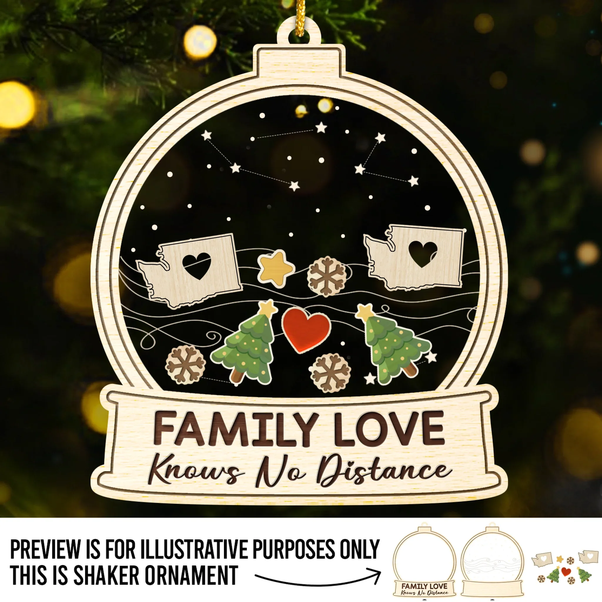 Custom Long Distance 3 Layers Shaker Ornament - Personalized Christmas Birthday Gifts For Mom, Dad, Kids - Hearts Across States - Robaser