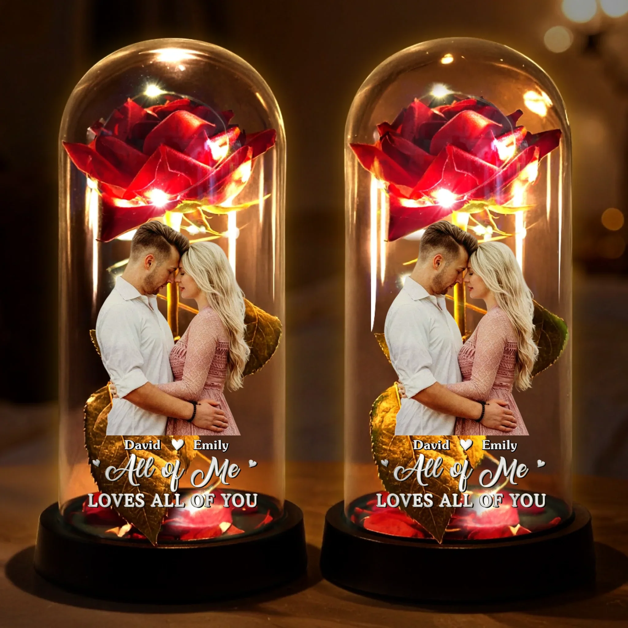 Custom Photo Light Up Eternal Rose In Glass Dome -  Personalized Anniversary Wedding Gifts For Husband And Wife, Him And Her - You Light Up My World - Robaser