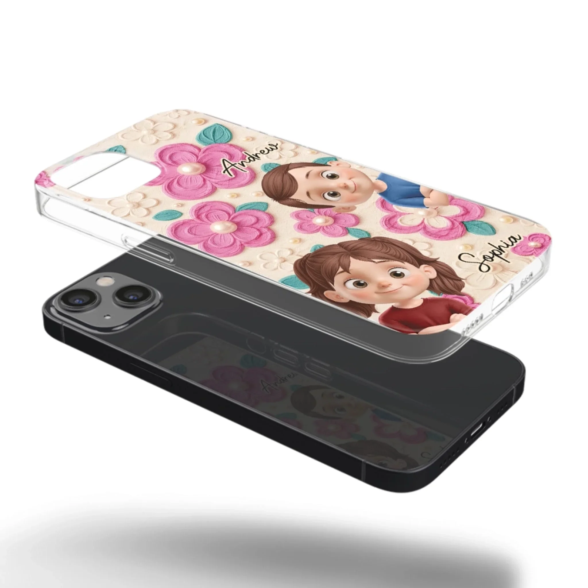 Custom 3D Inflated Effect Printed Clear Phone Case - Personalized Birthday Gifts For Mom, Grandma - Blossoms And Precious Little Faces - Robaser