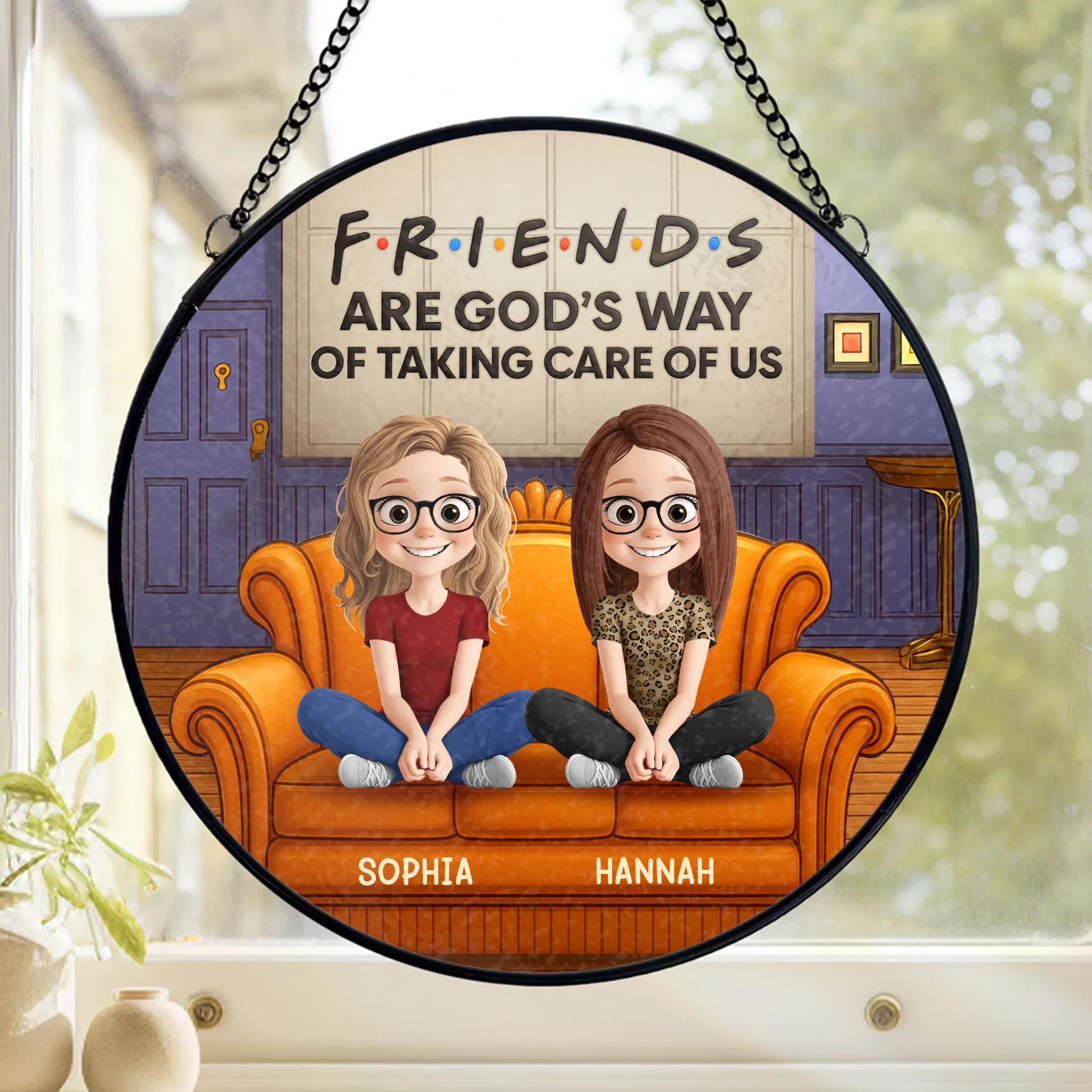 Custom Stained Glass Window Hanging Suncatcher - Personalized Best Friend Birthday Gifts For Women, Besties, Sisters, BFF - Because God Knew I Needed You - Robaser