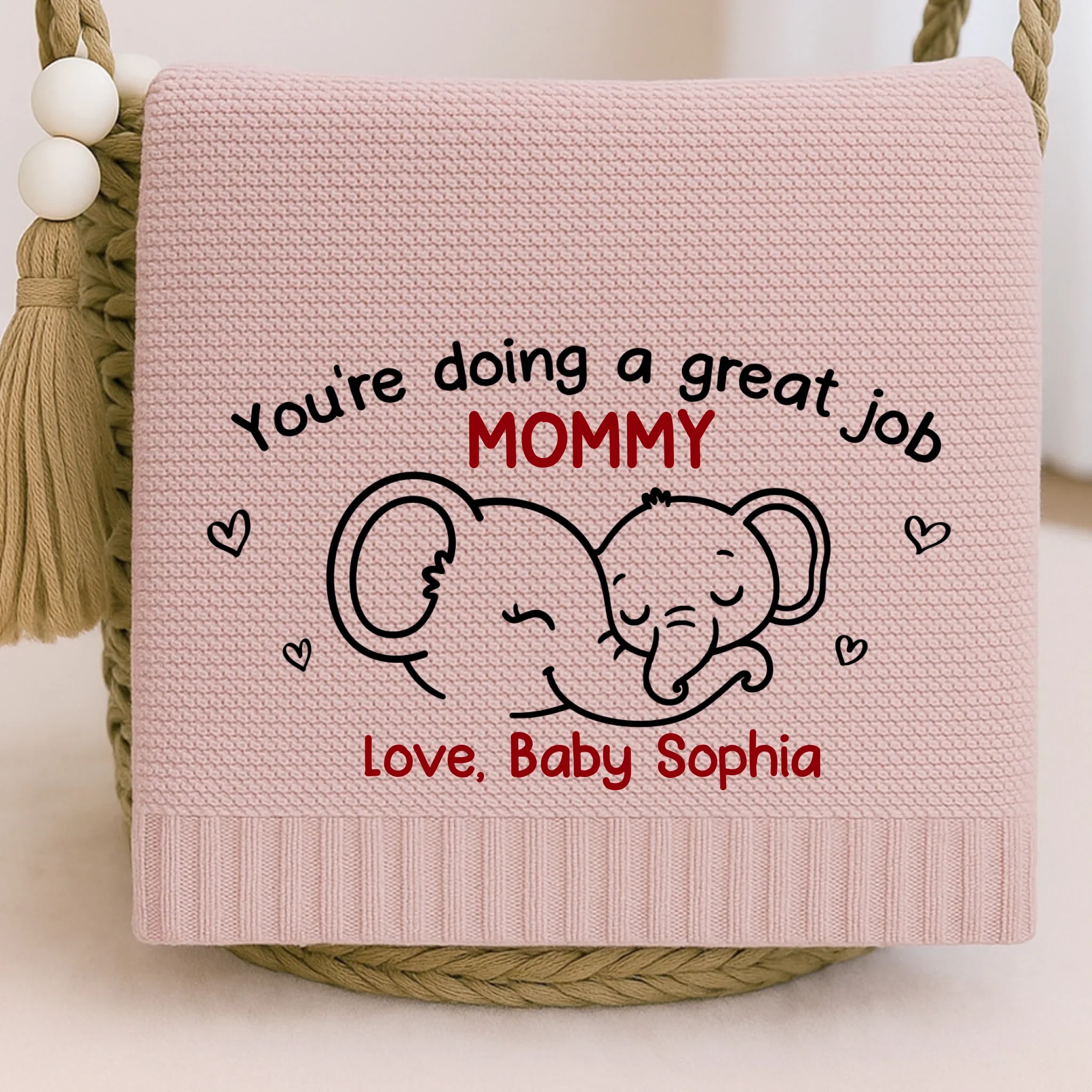 Custom Elephant Embroidered Knitted Baby Blanket - Personalized Baby Shower, Gifts For New Moms, New Dads, New Parents - Precious Beginnings Wrapped In Love - Robaser