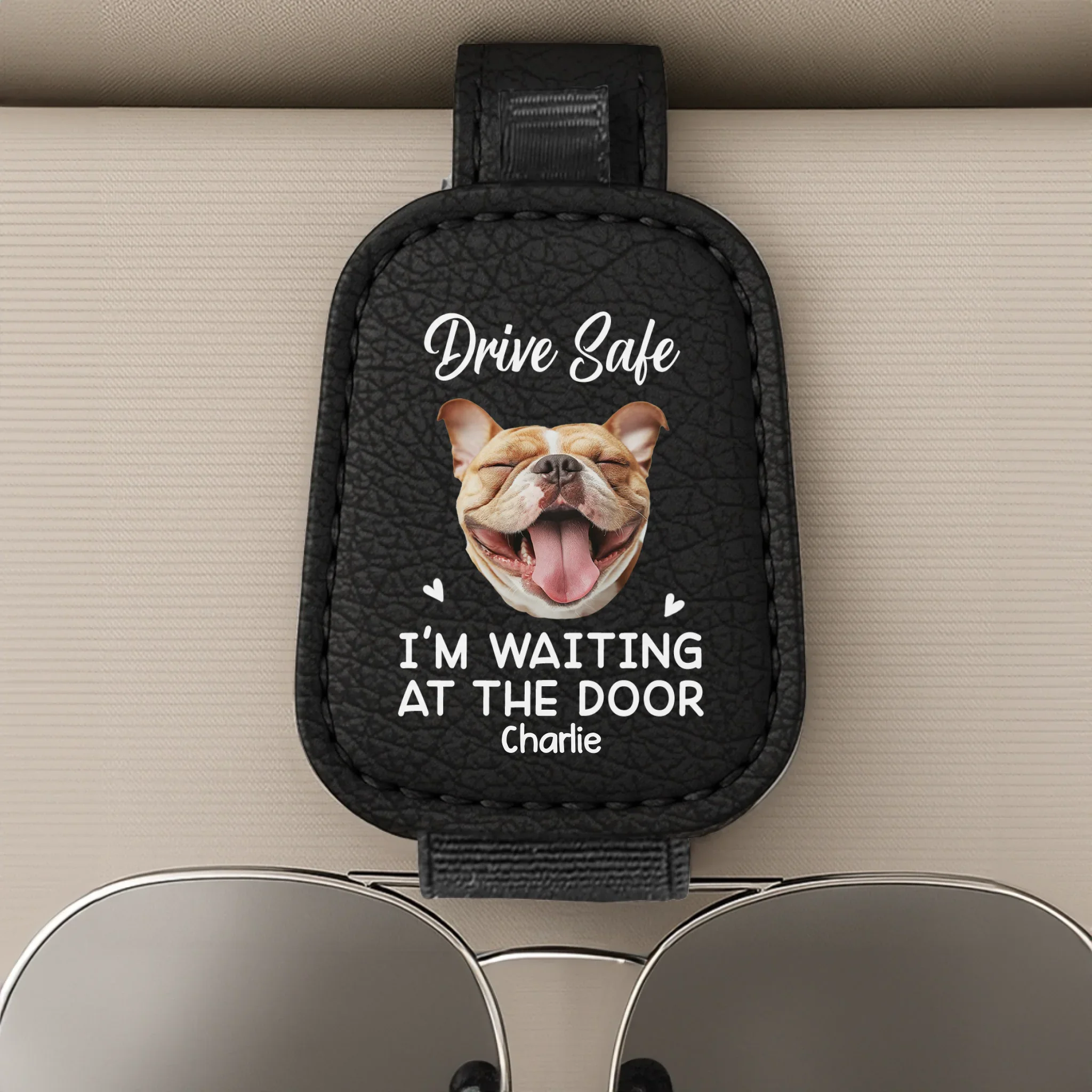 Custom Photo Leather Car Visor - Personalized Birthday Gifts For Dog Cat Lovers, Dog Dad And Mom, Cat Owners - We're Waiting At The Door - Robaser