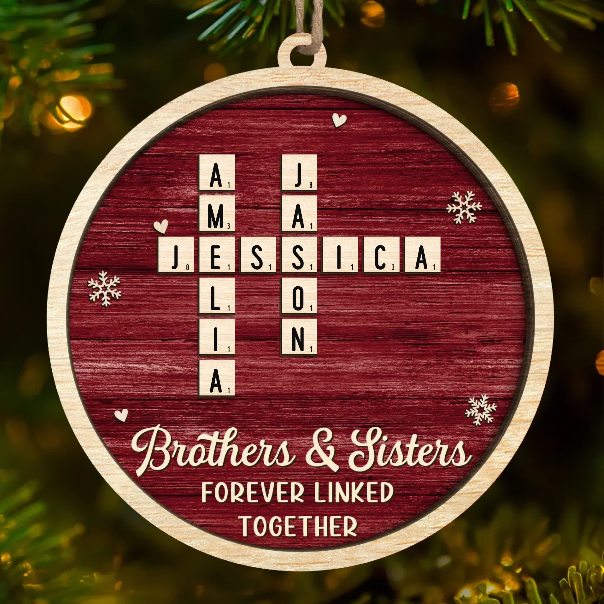 Custom Scrabble Wood Ornament - Personalized Christmas Birthday Gifts For Brother, Sister - Joyful Hearts Gather Here - Robaser