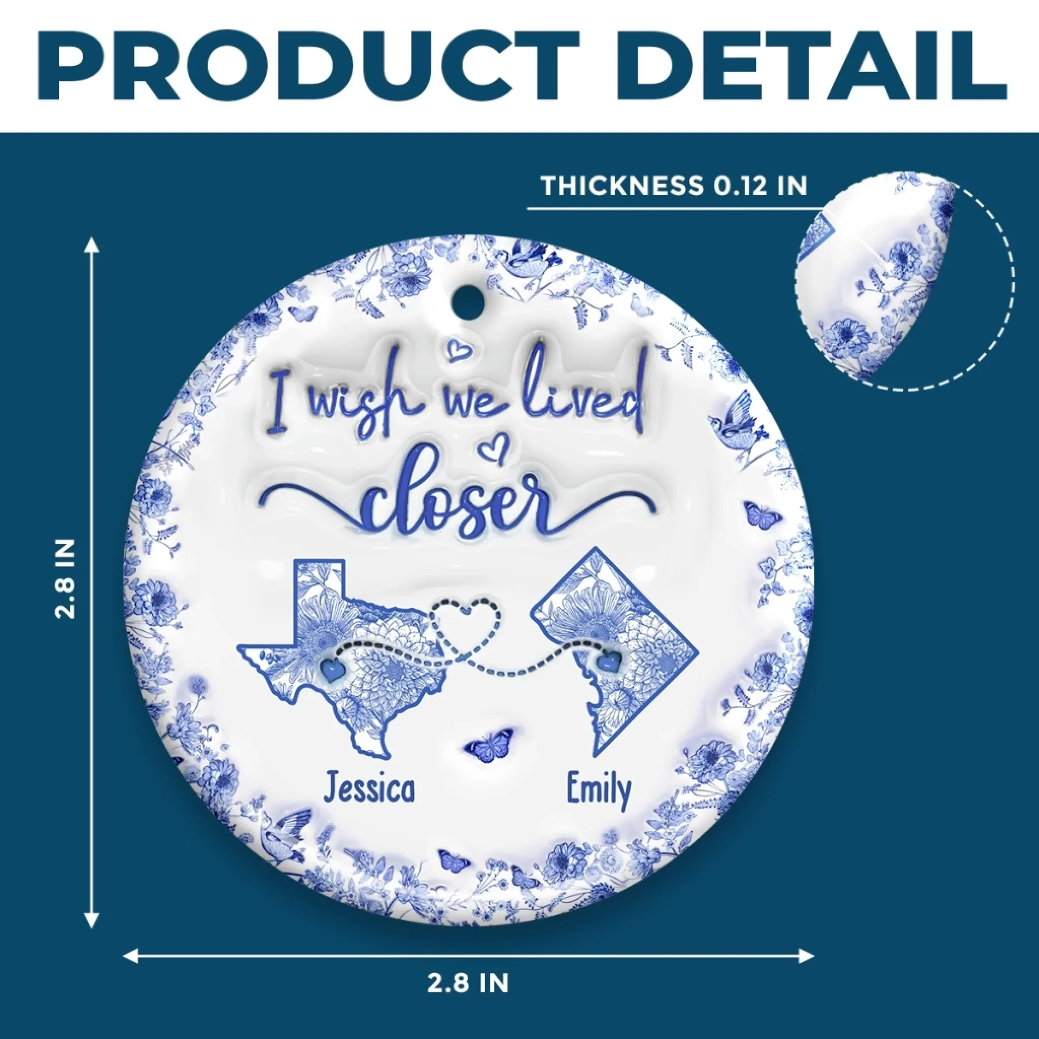 Custom Long Distance Ceramic Ornament - Personalized Best Friend Christmas Birthday Gifts For Women, Besties, Sisters, BFF - Connected By Heart No Matter The Miles - Robaser