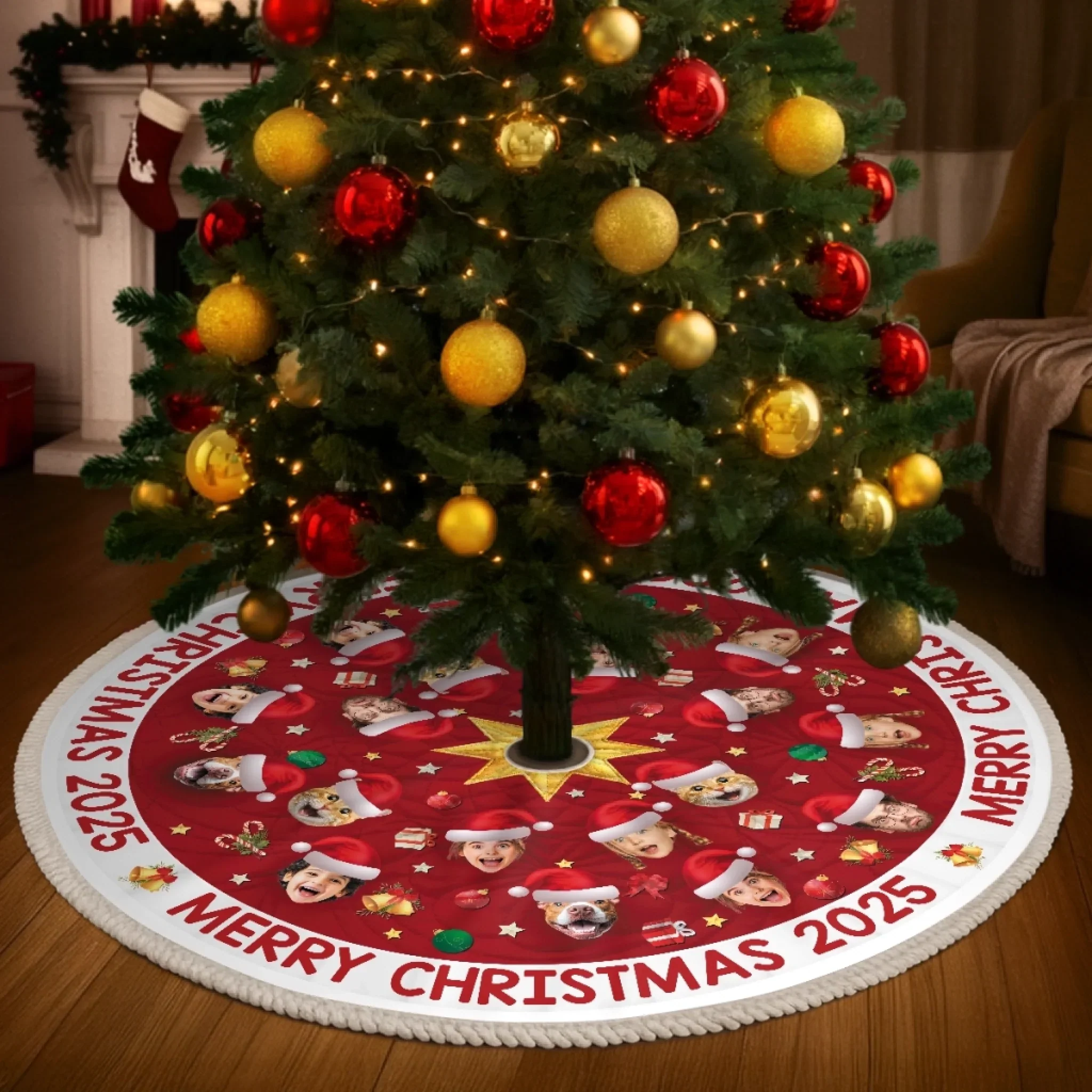 Custom Photo Tree Skirt - Personalized Christmas Birthday Gifts For Family, Dog Cat Lovers - Festive Faces, Furry Places - Robaser