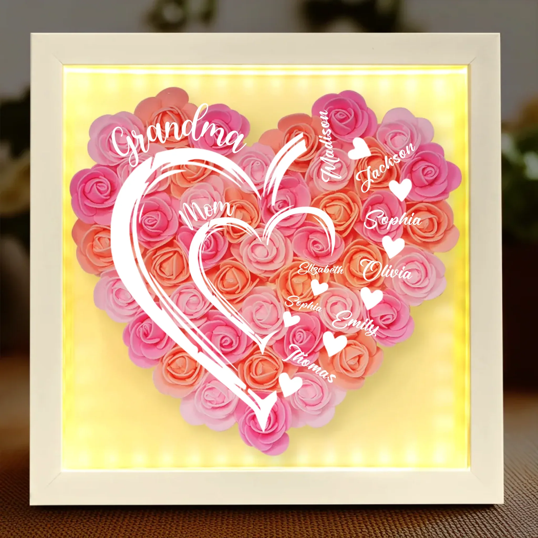 Love In Full Bloom - Family Personalized Custom Flower Shadow Box with LED - Mother's Day, Gift For Mom, Grandma - Robaser