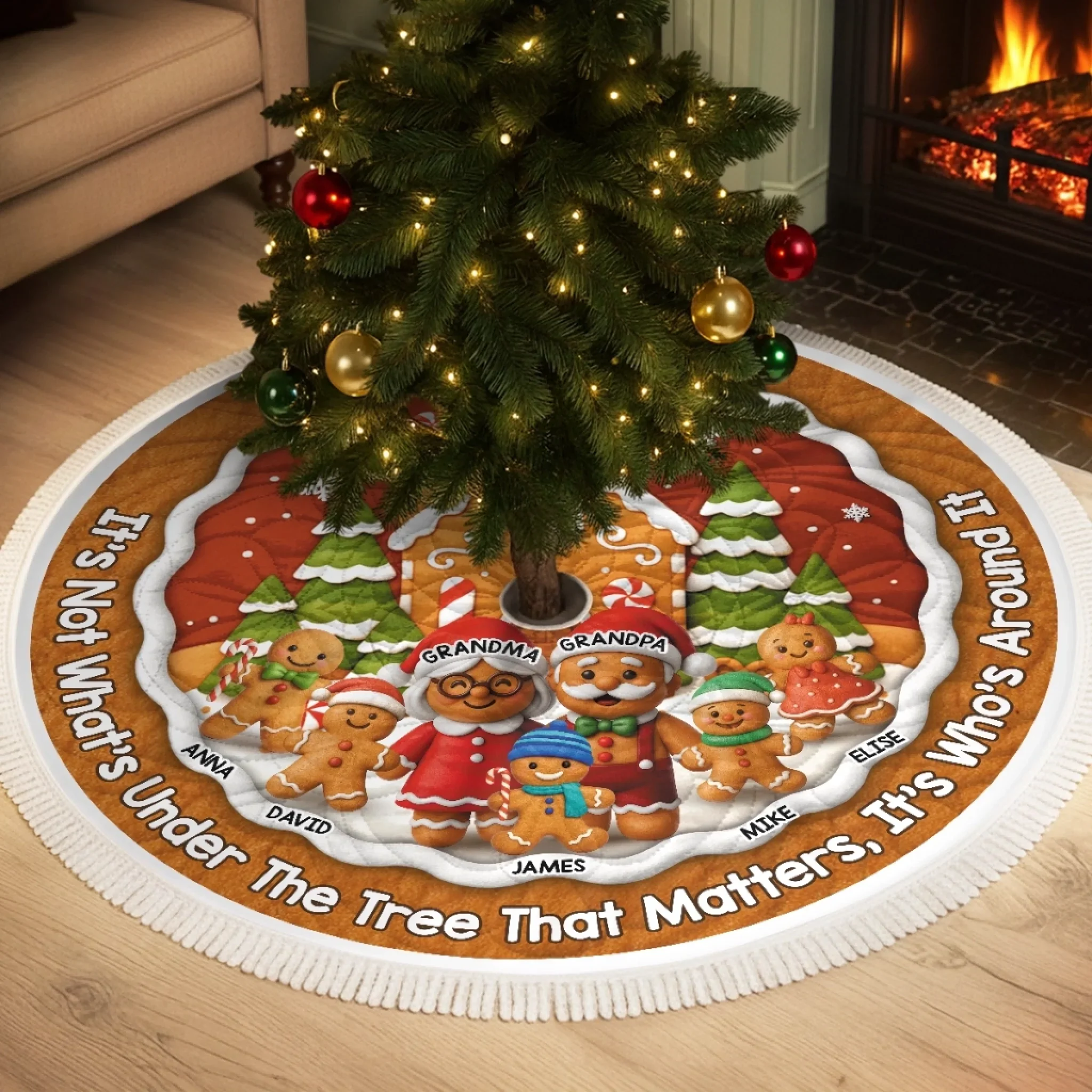 Custom Gingerbread Tree Skirt - Personalized Christmas Birthday Gifts For Grandma, Grandpa, Grandparents - Joy Shines In Every Hug - Robaser