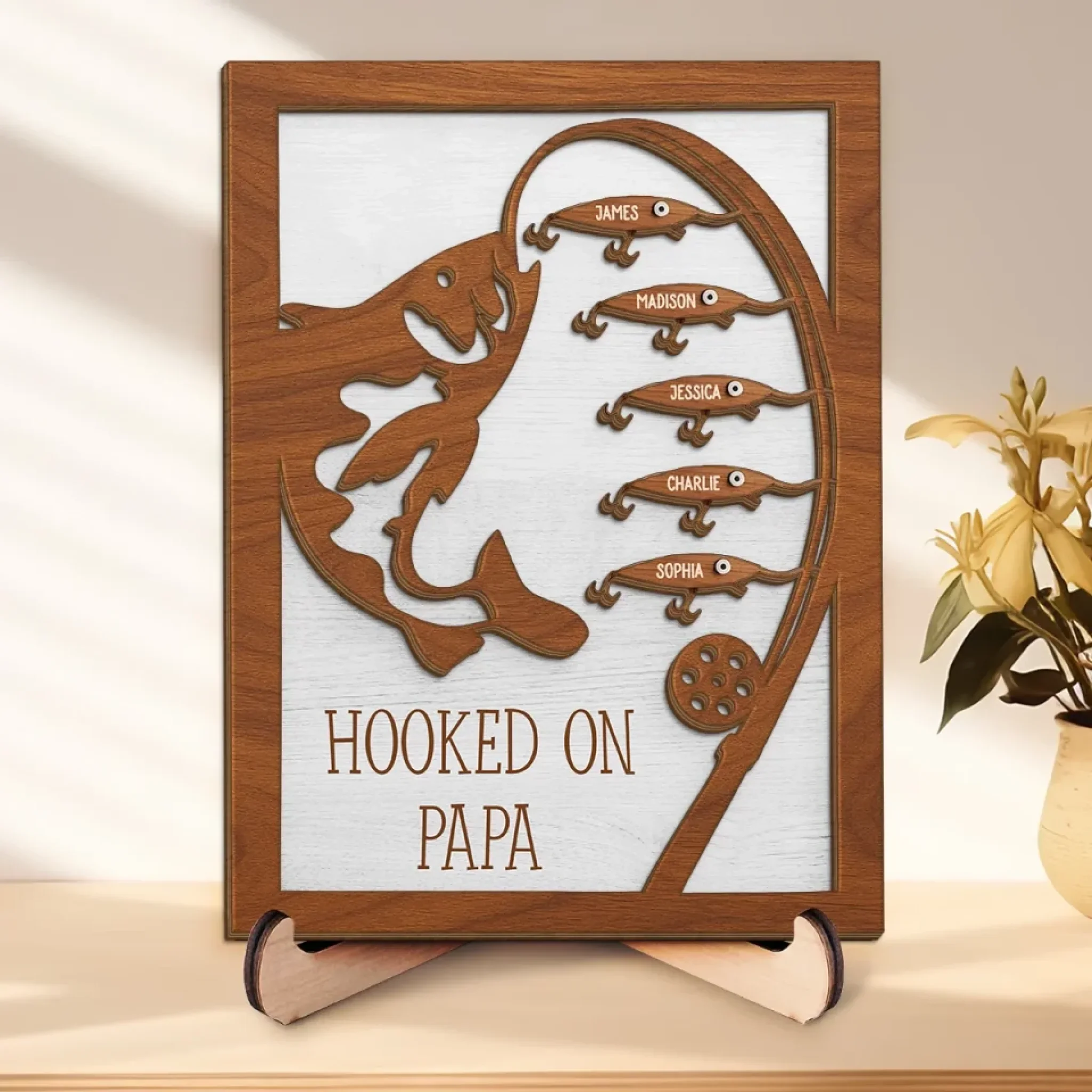 Hooked On You And The Good Life - Family Personalized Custom 2-Layered Wooden Plaque With Stand - Father's Day, Gift For Dad, Sport Lovers, Sport Players - Robaser