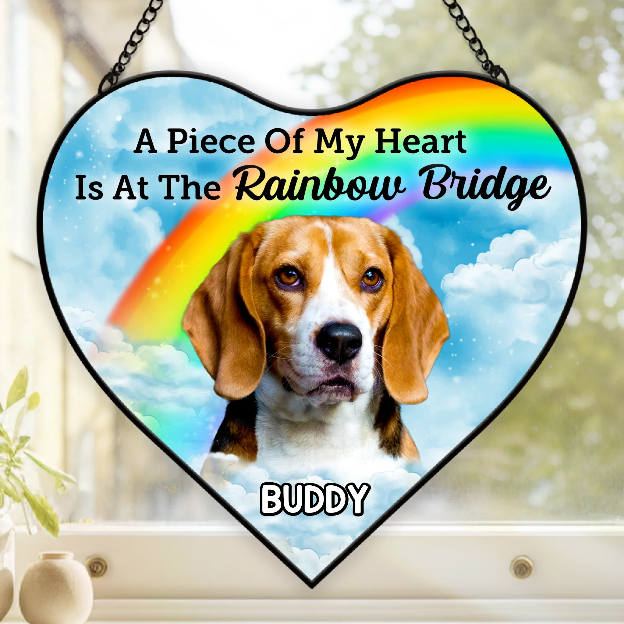 Custom Photo Heart-Shaped Stained Glass Window Suncatcher - Personalized Pet Memorial Sympathy Gifts For Dogs, Cats - Waiting For Reunion At Rainbow Bridge - Robaser