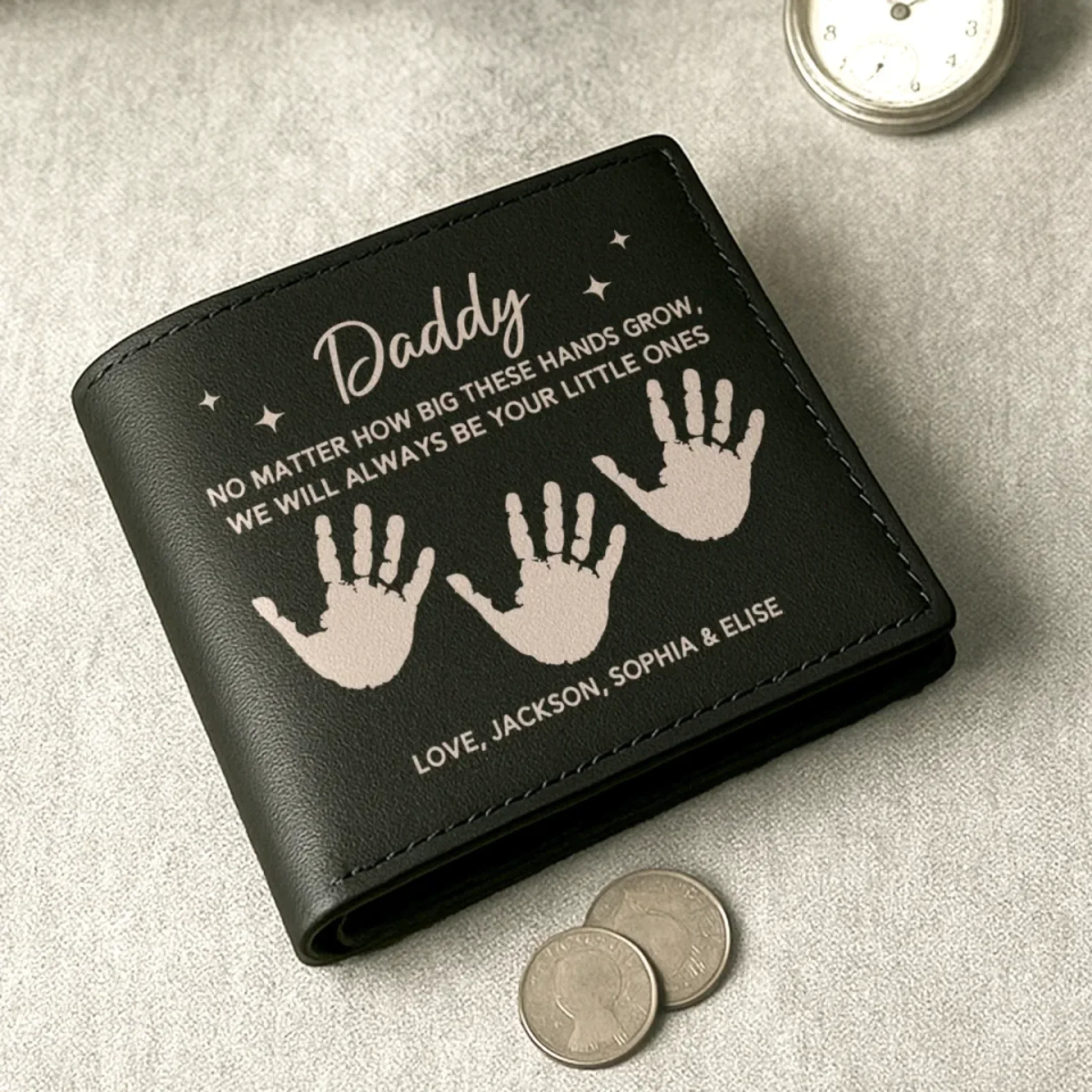 Growing Up, Guided By Your Hands - Family Personalized Custom Double-Sided Printed Leather Wallet - Father's Day, Gift For Dad, Grandpa - Robaser