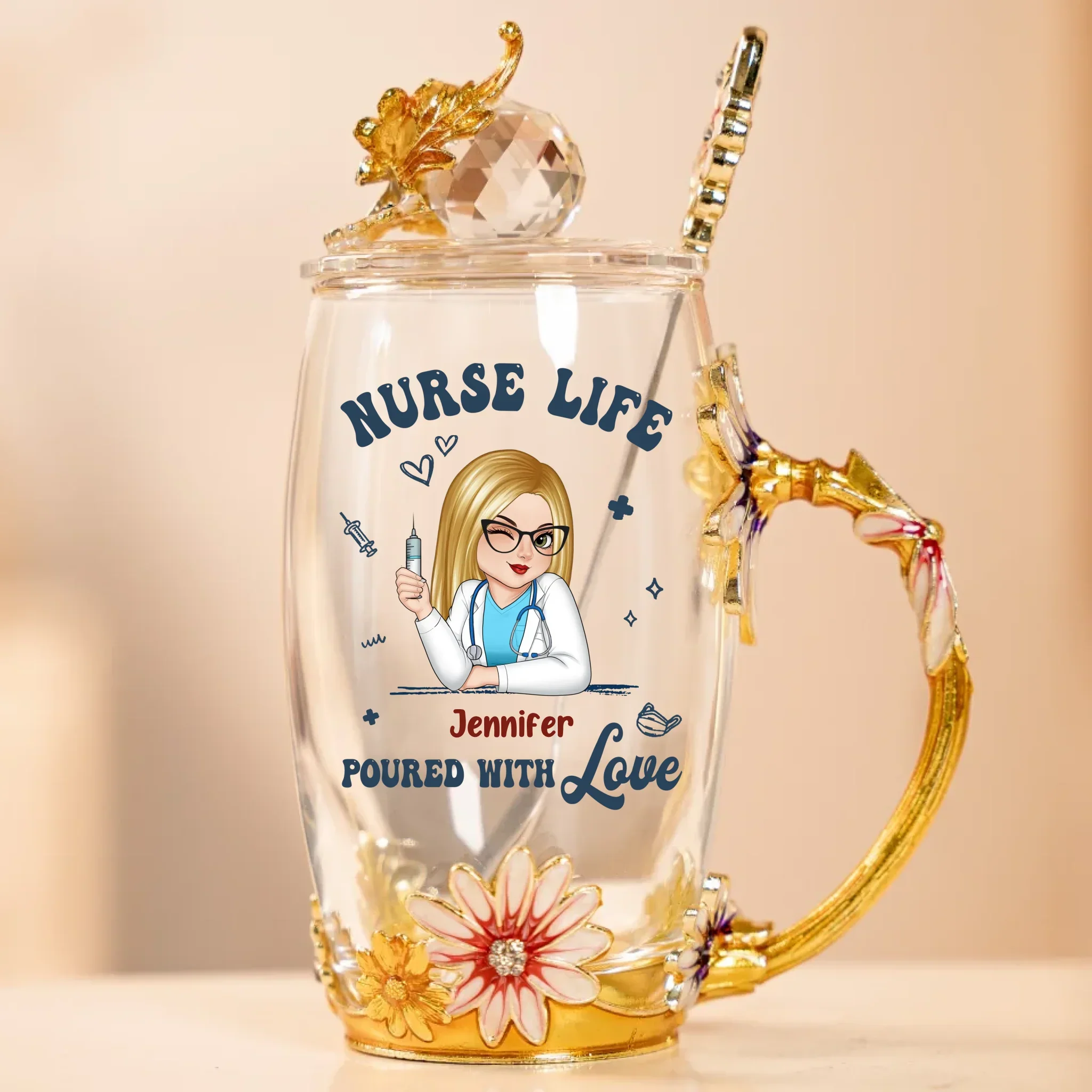 Life Saver In Cute Scrubs - Nurse Personalized Custom Enamel Flower Tea Cup With Lid & Spoon - Appreciation, Thank You Gift, Nurse Life, Doctor Life - Robaser
