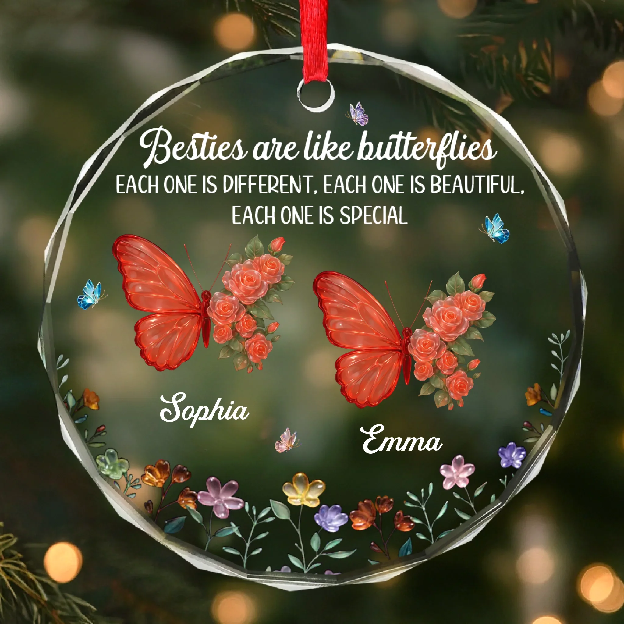 Custom Circle Glass Ornament - Personalized Best Friend Christmas Birthday Gifts For Women, Besties, Sisters, BFF - Butterflies Bless Our Friendship - Robaser