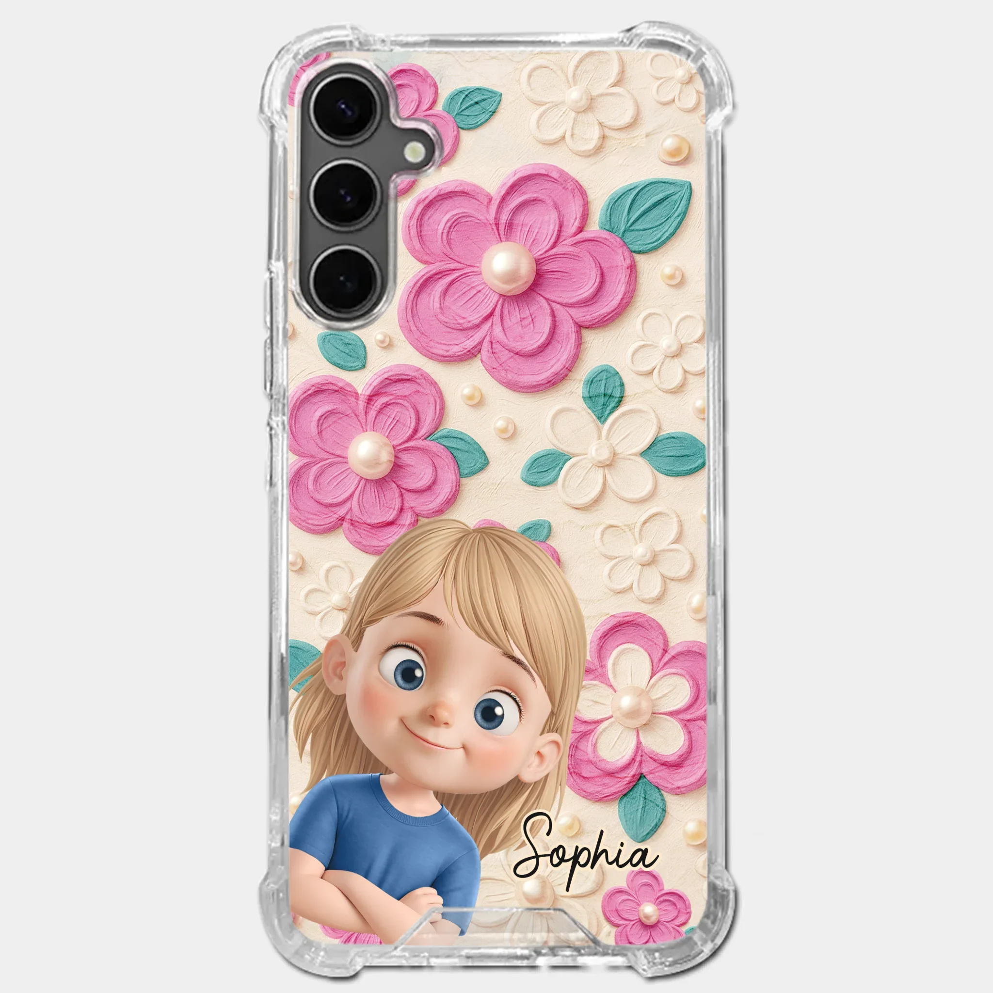 Custom 3D Inflated Effect Printed Clear Phone Case - Personalized Birthday Gifts For Mom, Grandma - Blossoms And Precious Little Faces - Robaser