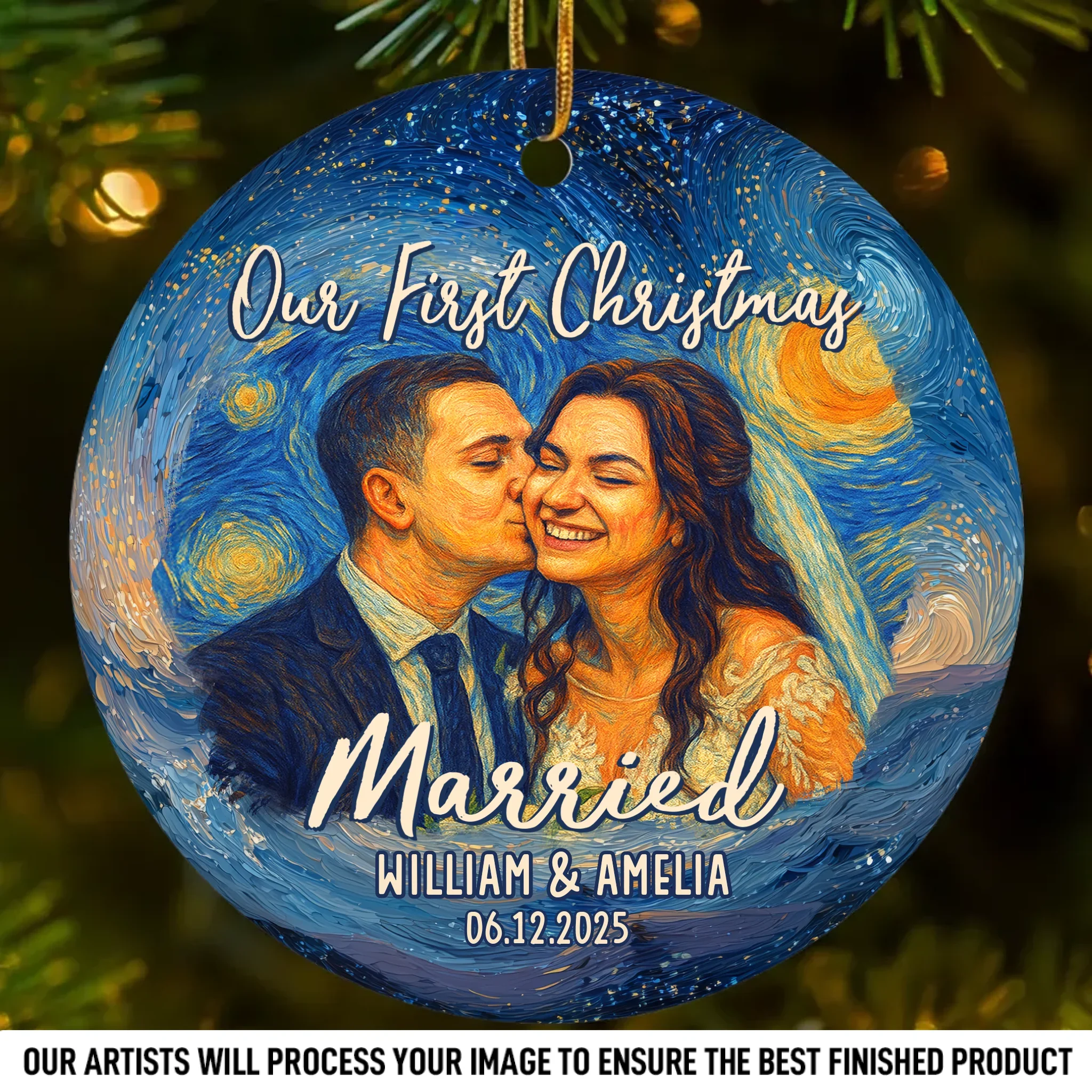 Custom Photo Ceramic Ornament - Personalized Anniversary Christmas Wedding Gifts For Husband And Wife, Him And Her - Jingle Bells And Wedding Bells - Robaser