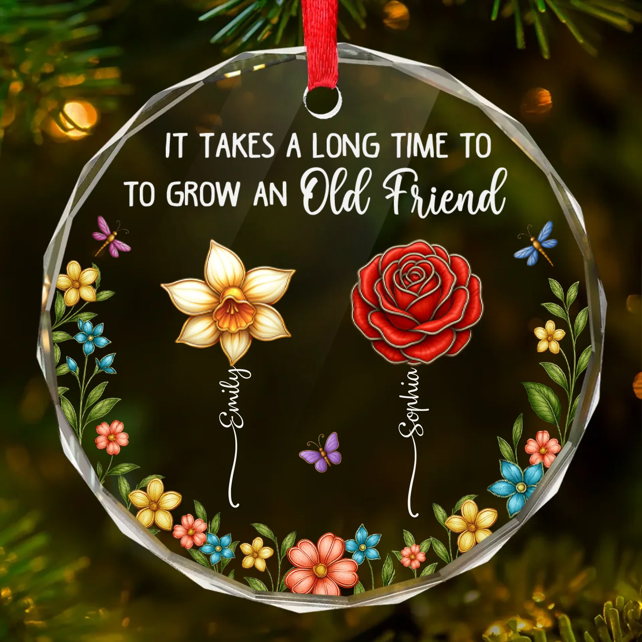 Custom Circle Glass Ornament - Personalized Christmas Best Friend Birthday Gifts For Women, Besties, Sisters, BFF - Sisters Different Flowers Shared Garden - Robaser