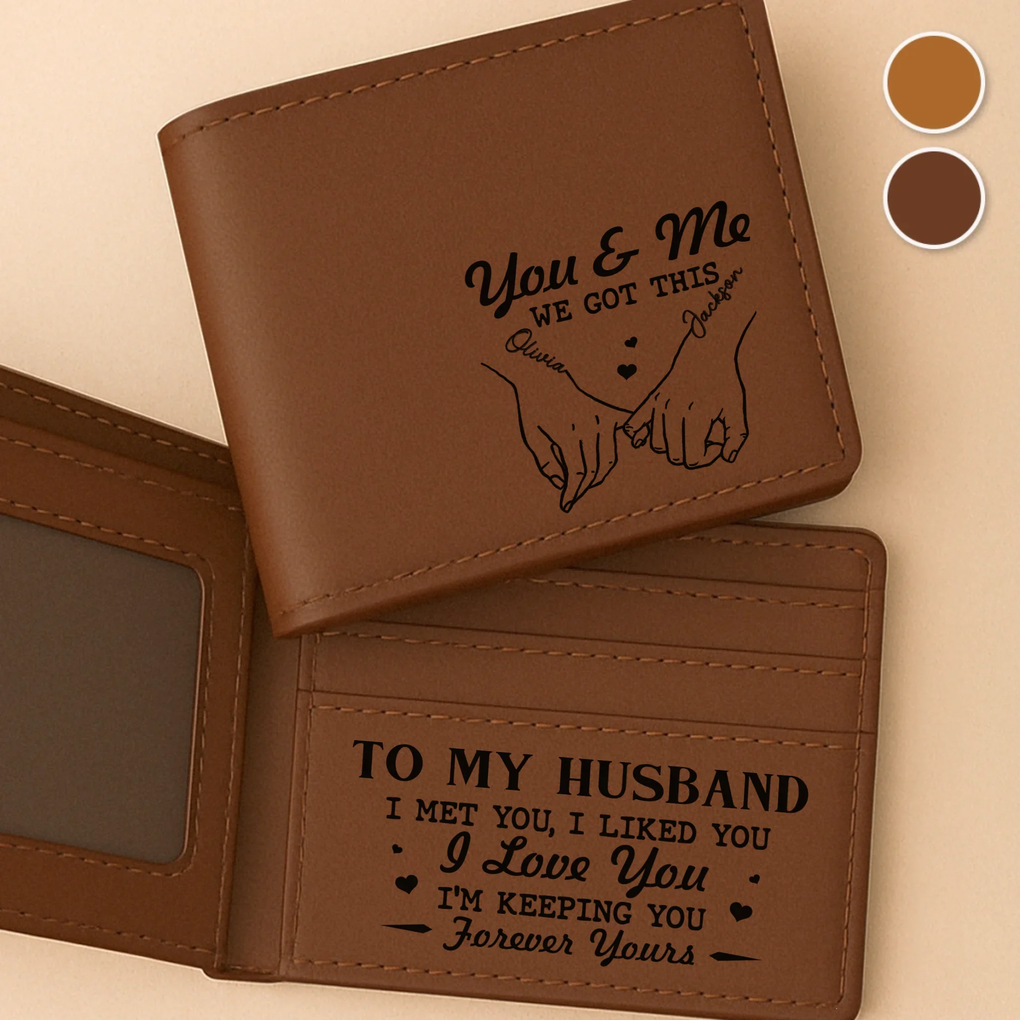Custom Engraved Bifold Leather Wallet Two Sides - Personalized Anniversary Wedding Gifts For Husband And Wife, Him And Her - Love You And Forever Yours - Robaser