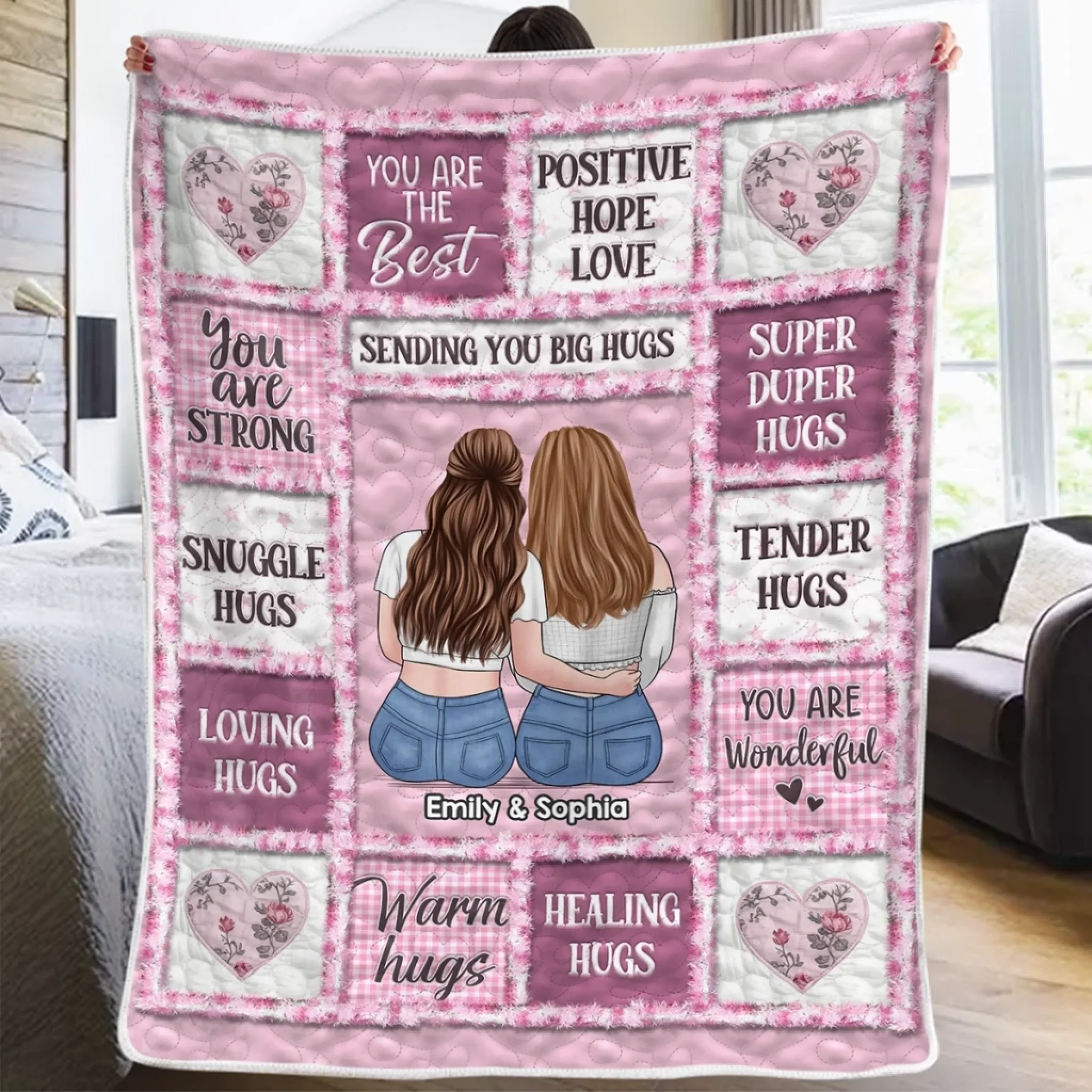 Custom Blanket - Personalized Best Friend Birthday Gifts For Women, Besties, Sisters, BFF - Heart to Heart Besties - Robaser