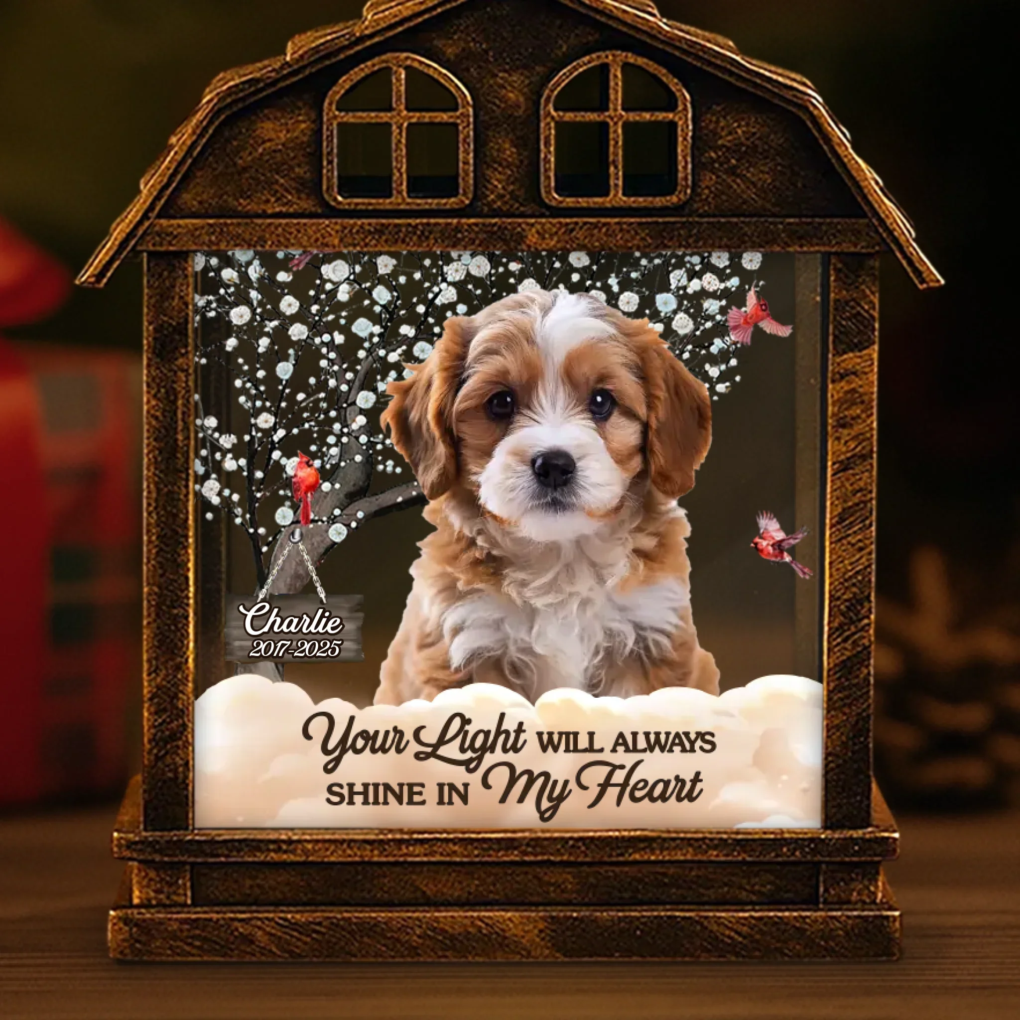 Custom Photo Cardinal LED House Lantern Light - Personalized Pet Christmas Memorial Sympathy Gifts For Dogs, Cats - Gentle Companions Forever In Memory - Robaser