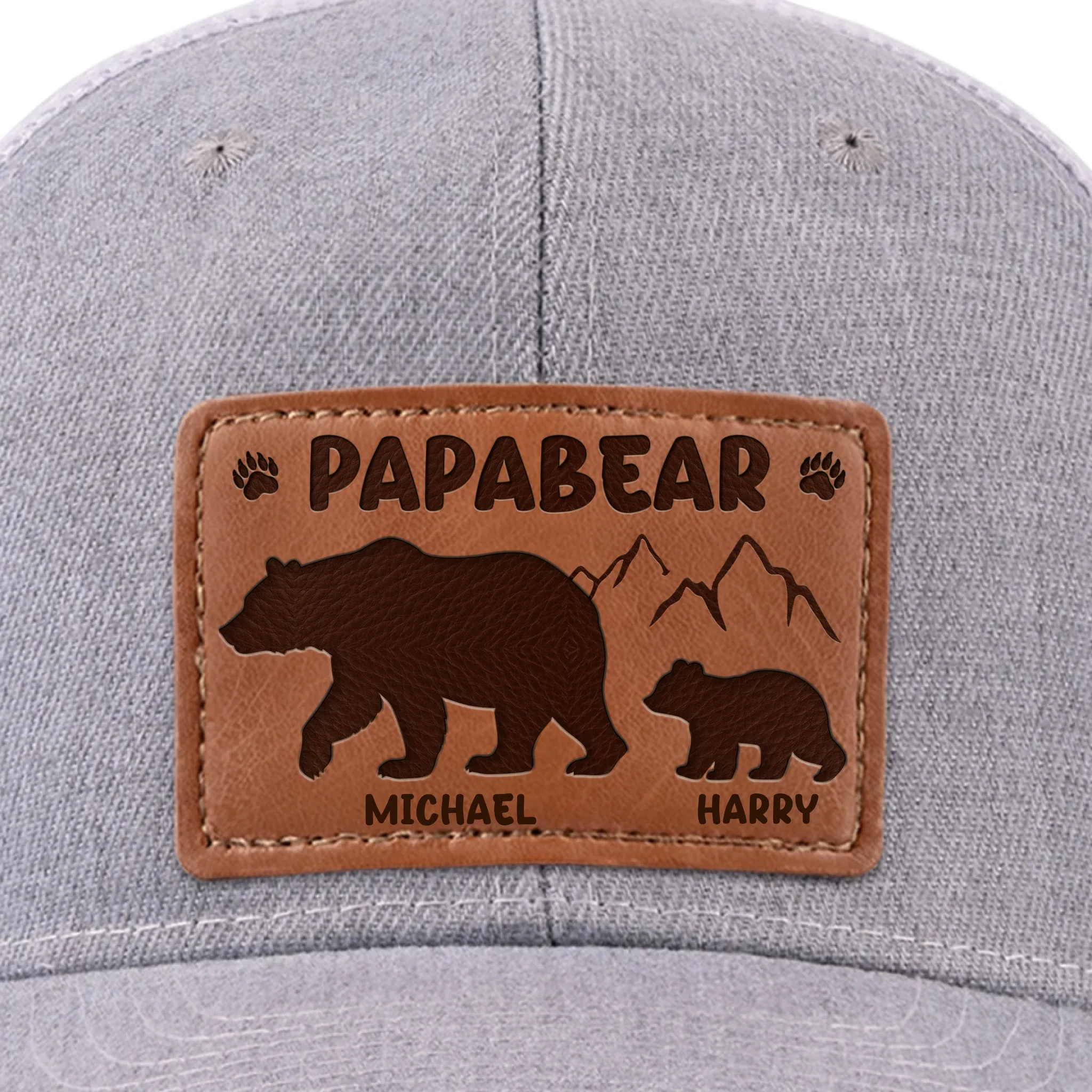 Papa Bear And His Cub - Family Personalized Custom Leather Patch Hat - Father's Day, Gift For Dad, Grandpa - Robaser