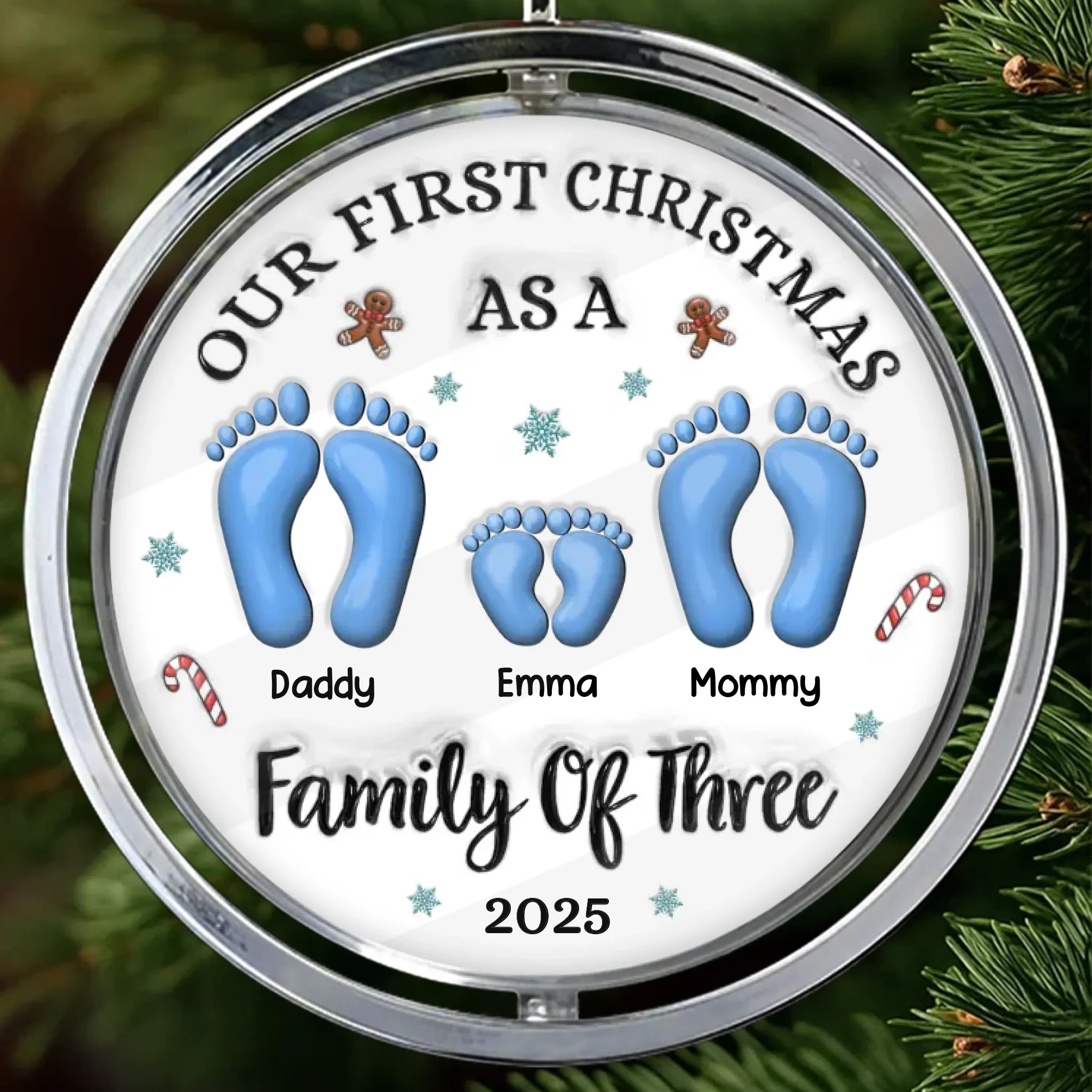 Custom First Christmas Acrylic Rotating Ornament - Personalized Christmas Birthday Gifts For Mom, Dad, Brother, Sister, Kids - Hearts Gather Around The Tree - Robaser