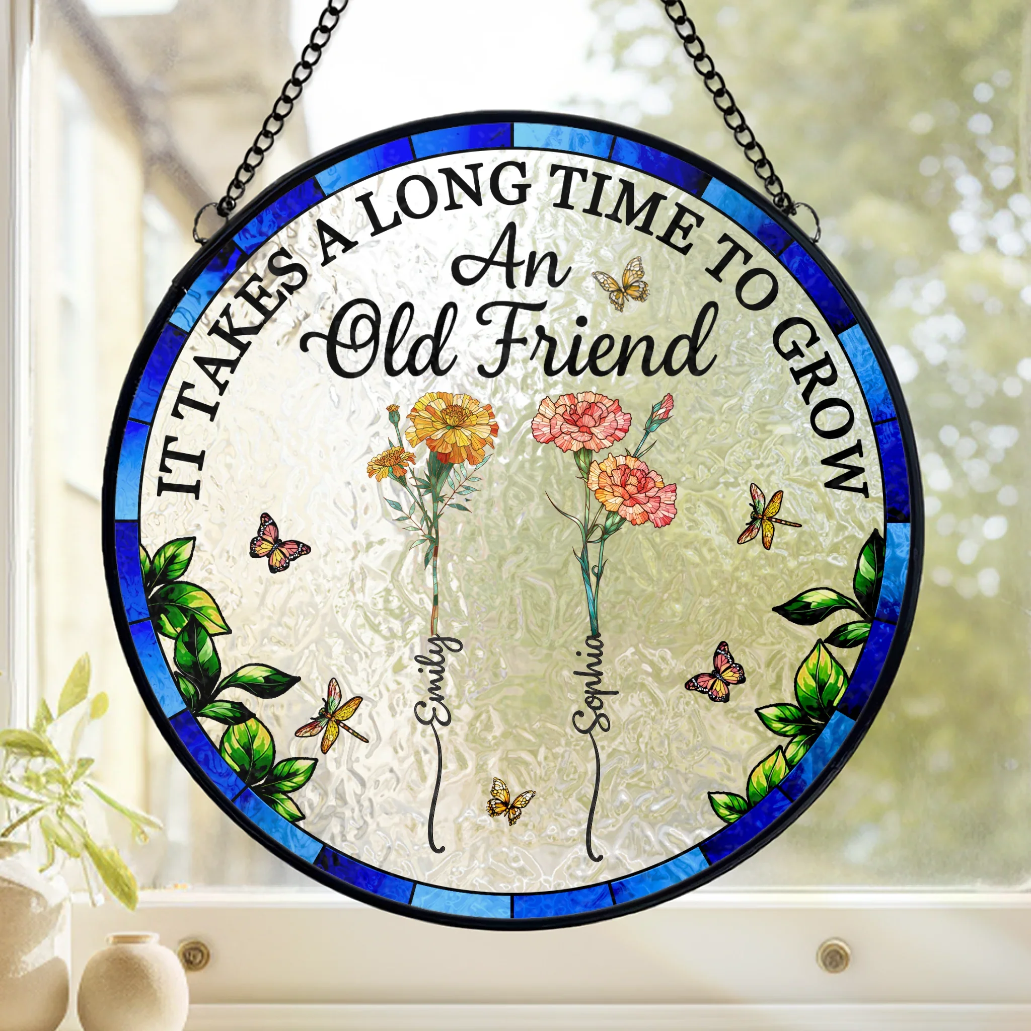 Custom Stained Glass Window Hanging Suncatcher - Personalized Best Friend Birthday Gifts For Women - Blooming Bonds That Last Forever - Robaser
