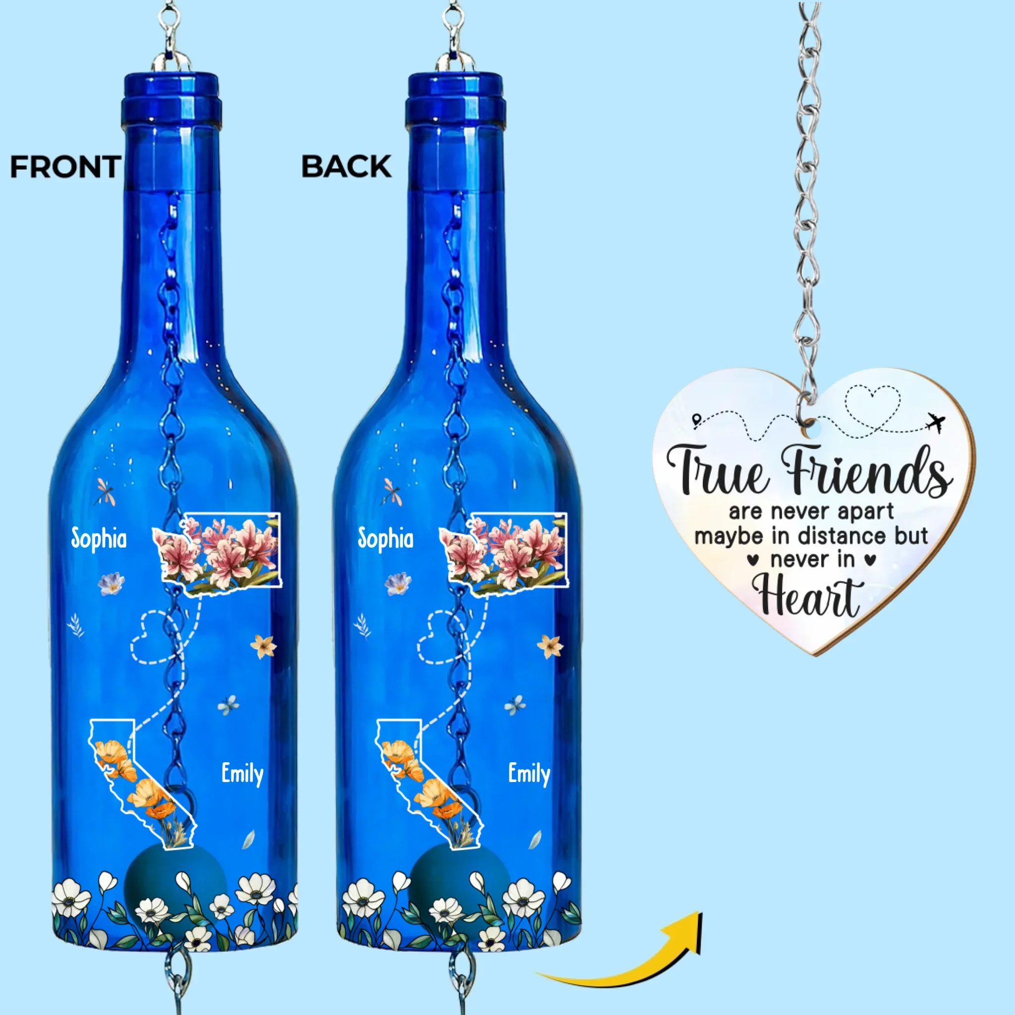 Custom Long Distance Wine Bottle Wind Chime - Personalized Best Friend Birthday Gifts For Women, Besties, Sisters, BFF - Always Besties - Robaser