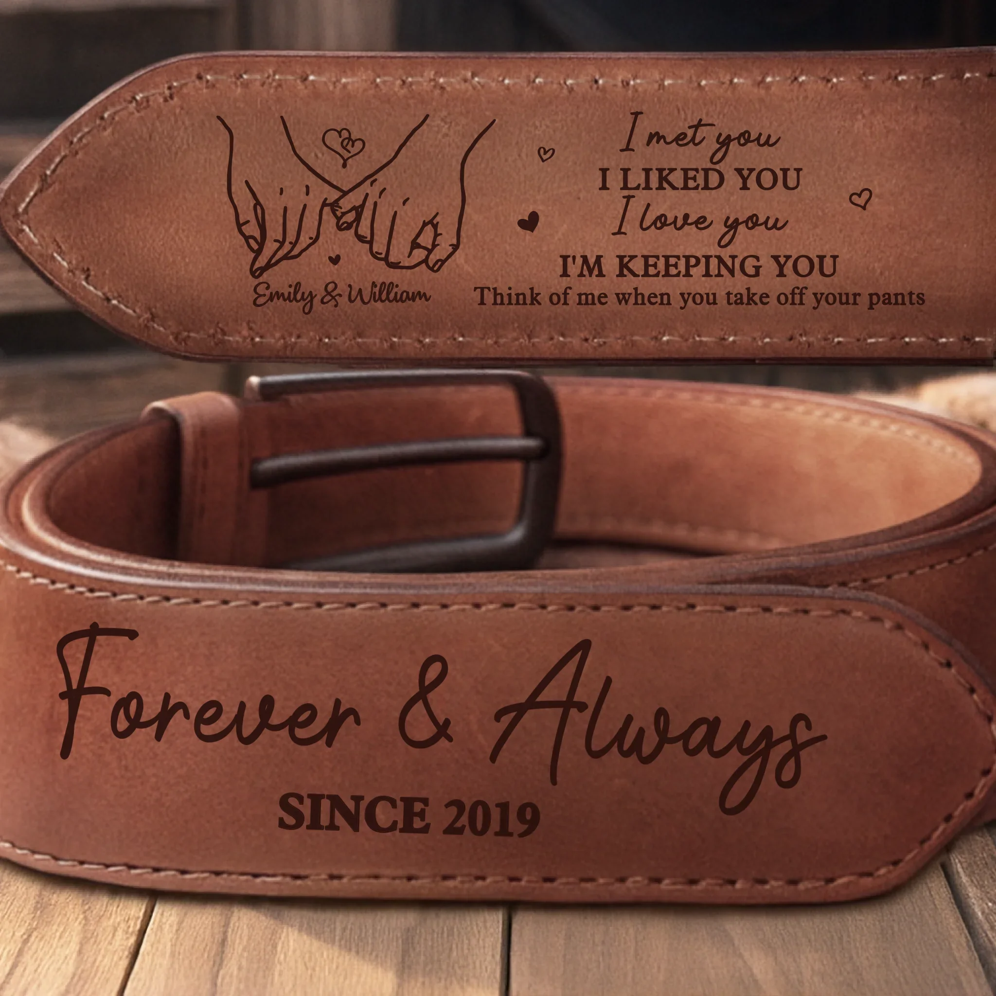 Custom Double-Sided Engraved Leather Belt - Personalized Anniversary Wedding Gifts For Husband And Wife, Him And Her - Forever And Always - Robaser